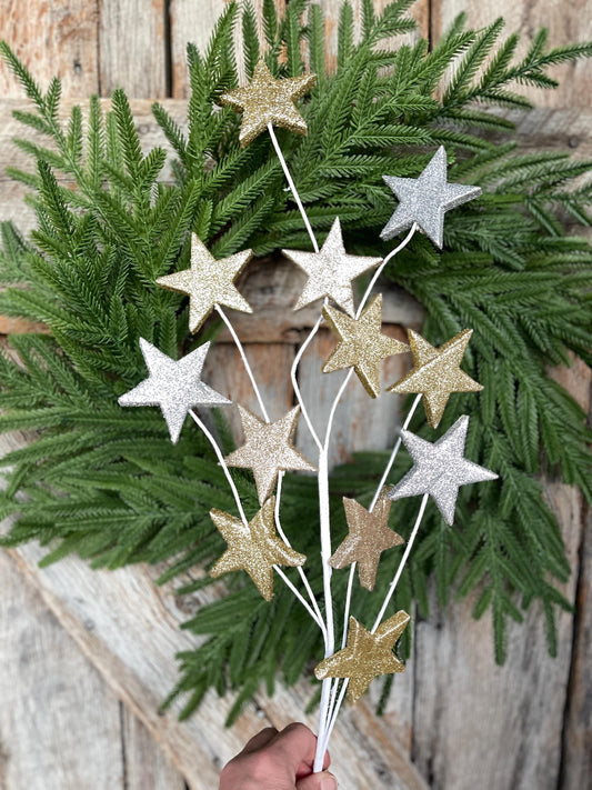 34' Gold Silver Star Spray, Christmas Tree Spray, Tree Topper Spray