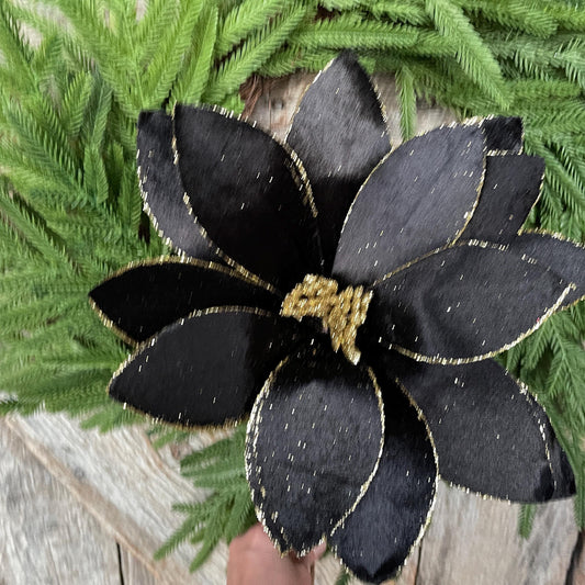 22" Black Velvet Poinsettia Stem, Christmas Floral Stem, Black Florals