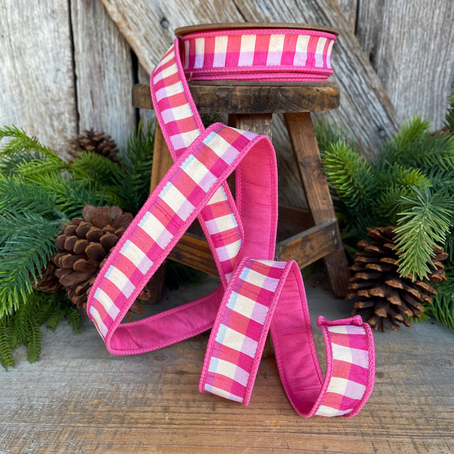 1" Pink Plaid Ribbon, Christmas Ribbon, Pink Ribbon