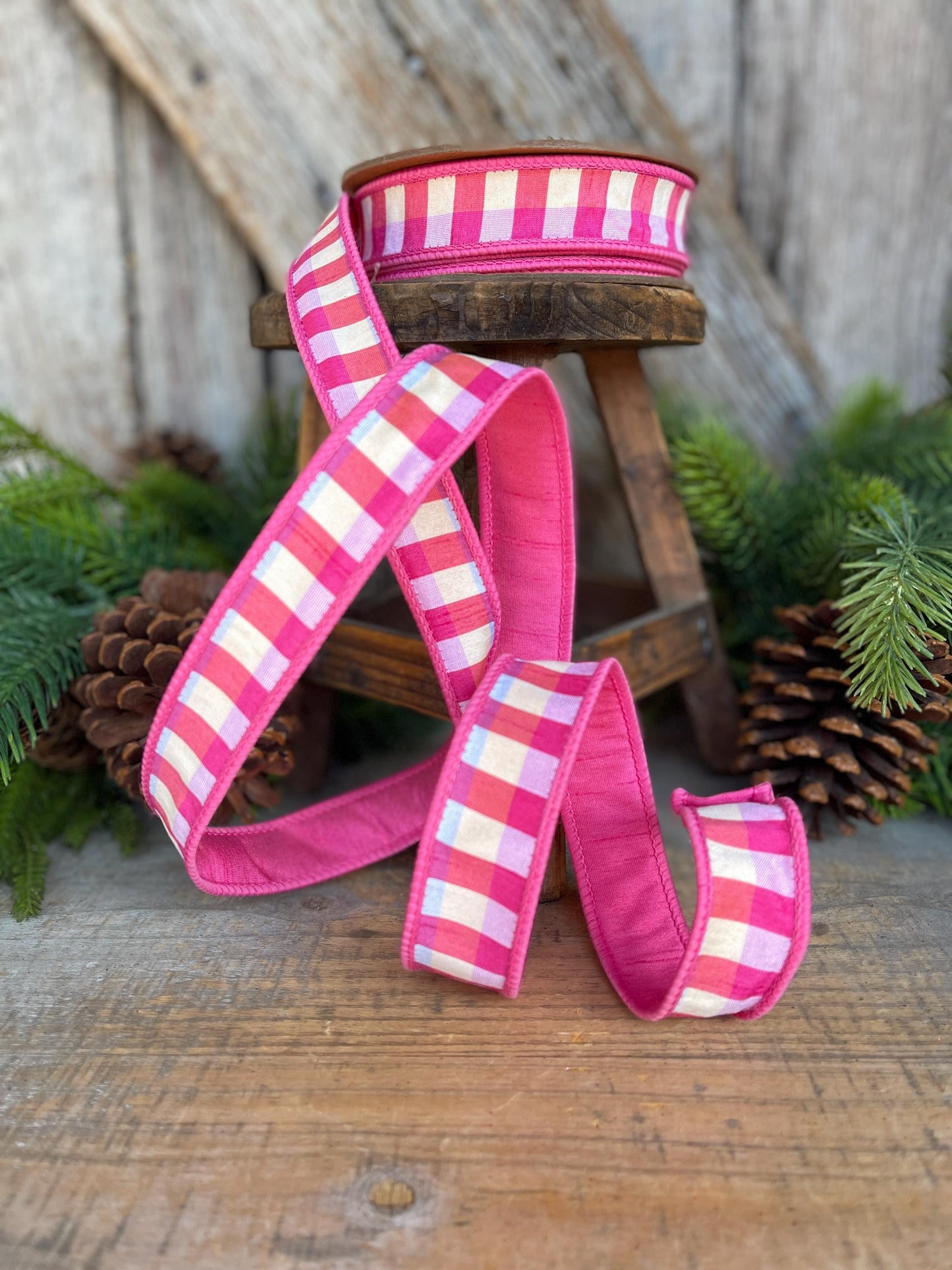 1" Pink Plaid Ribbon, Christmas Ribbon, Pink Ribbon