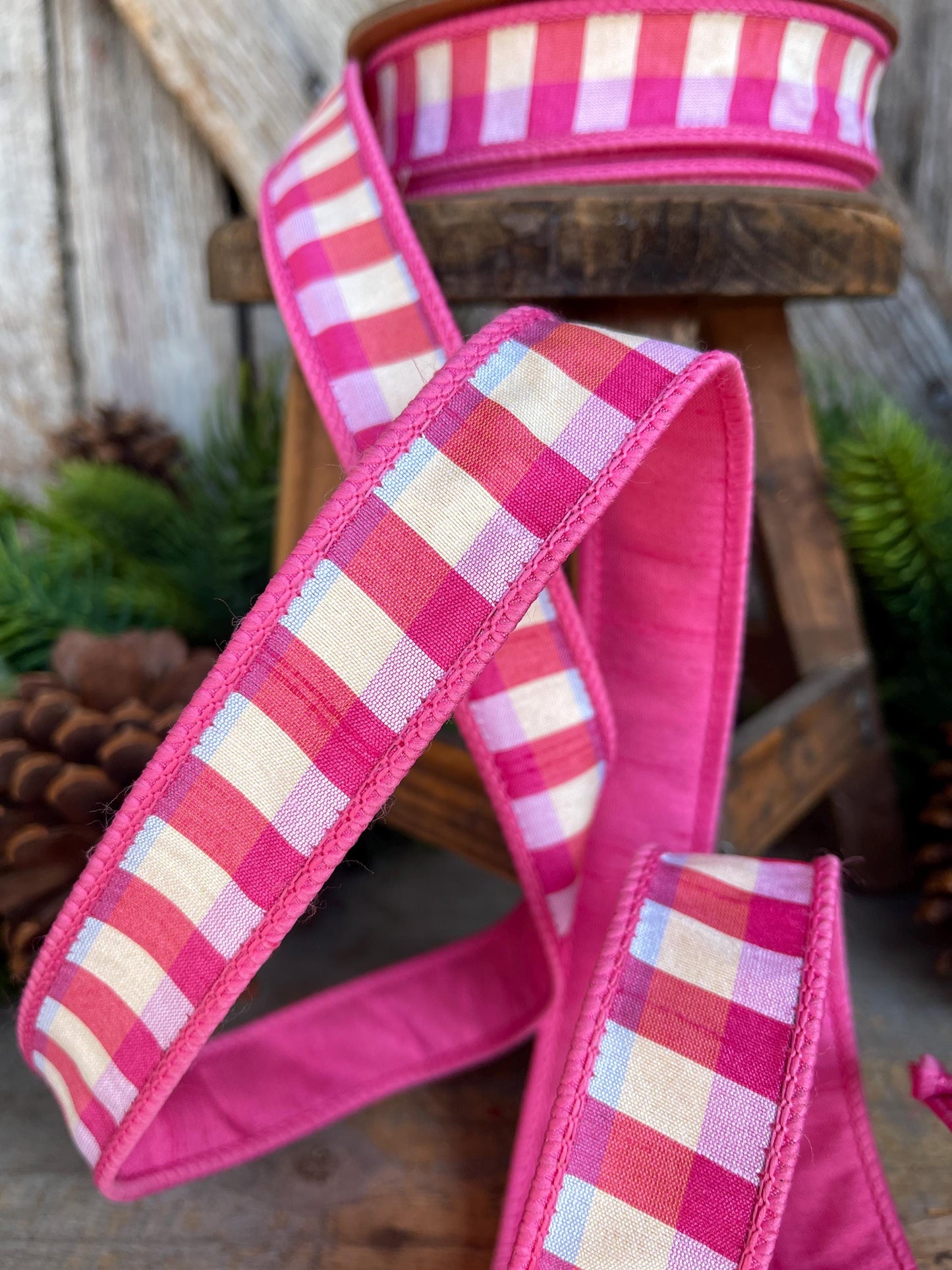 1" Pink Plaid Ribbon, Christmas Ribbon, Pink Ribbon
