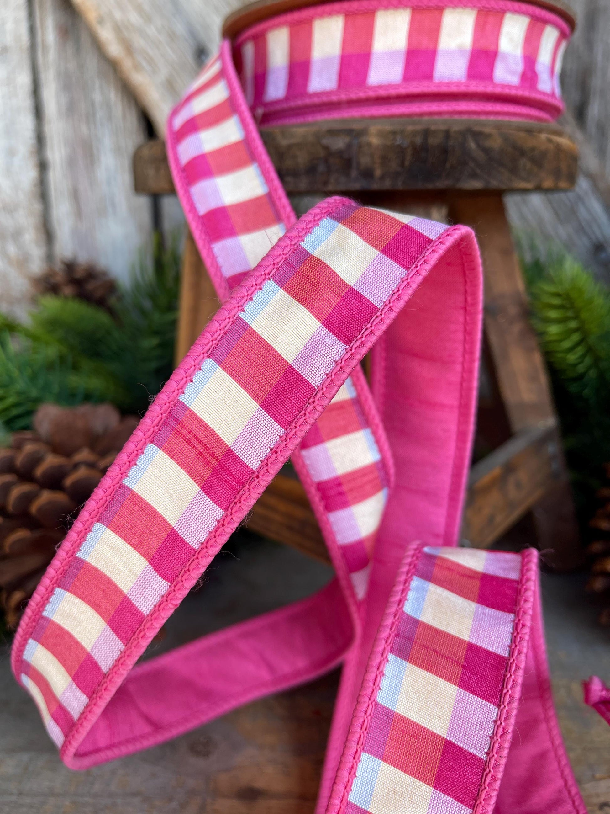 1" Pink Plaid Ribbon, Christmas Ribbon, Pink Ribbon