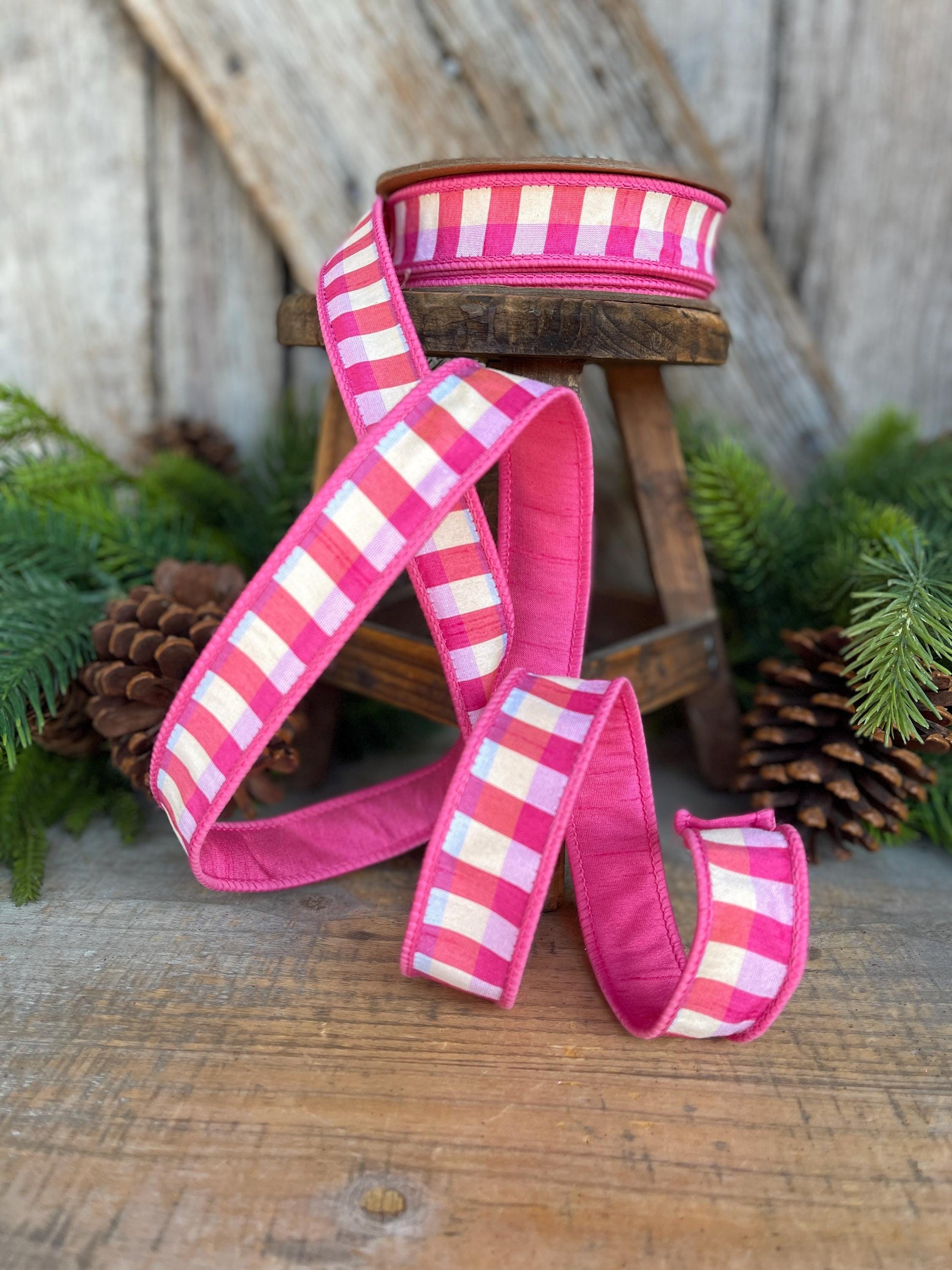 1" Pink Plaid Ribbon, Christmas Ribbon, Pink Ribbon