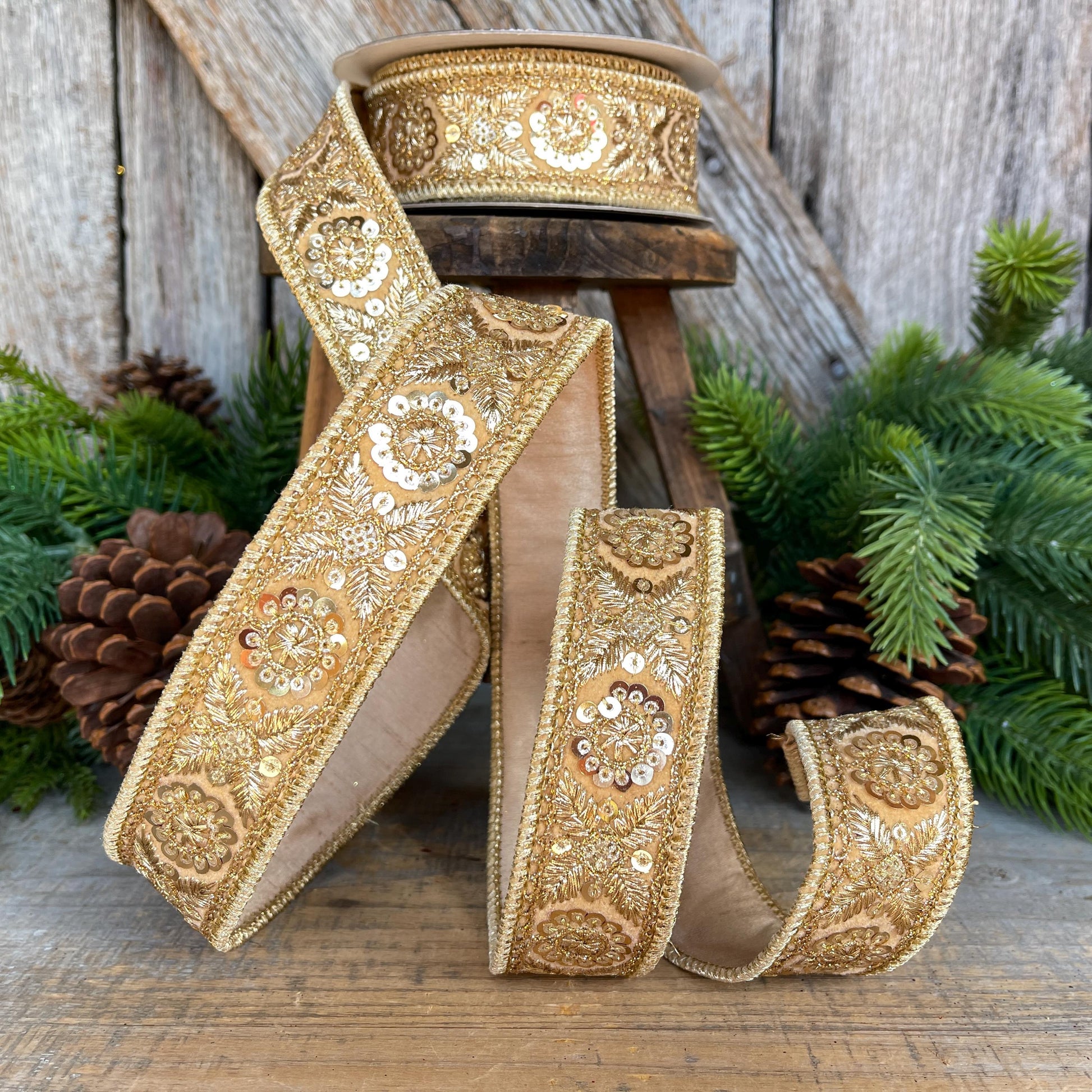 1.5" Gold Sequin Ribbon, Christmas Ribbon, Gold Ribbon for Tree