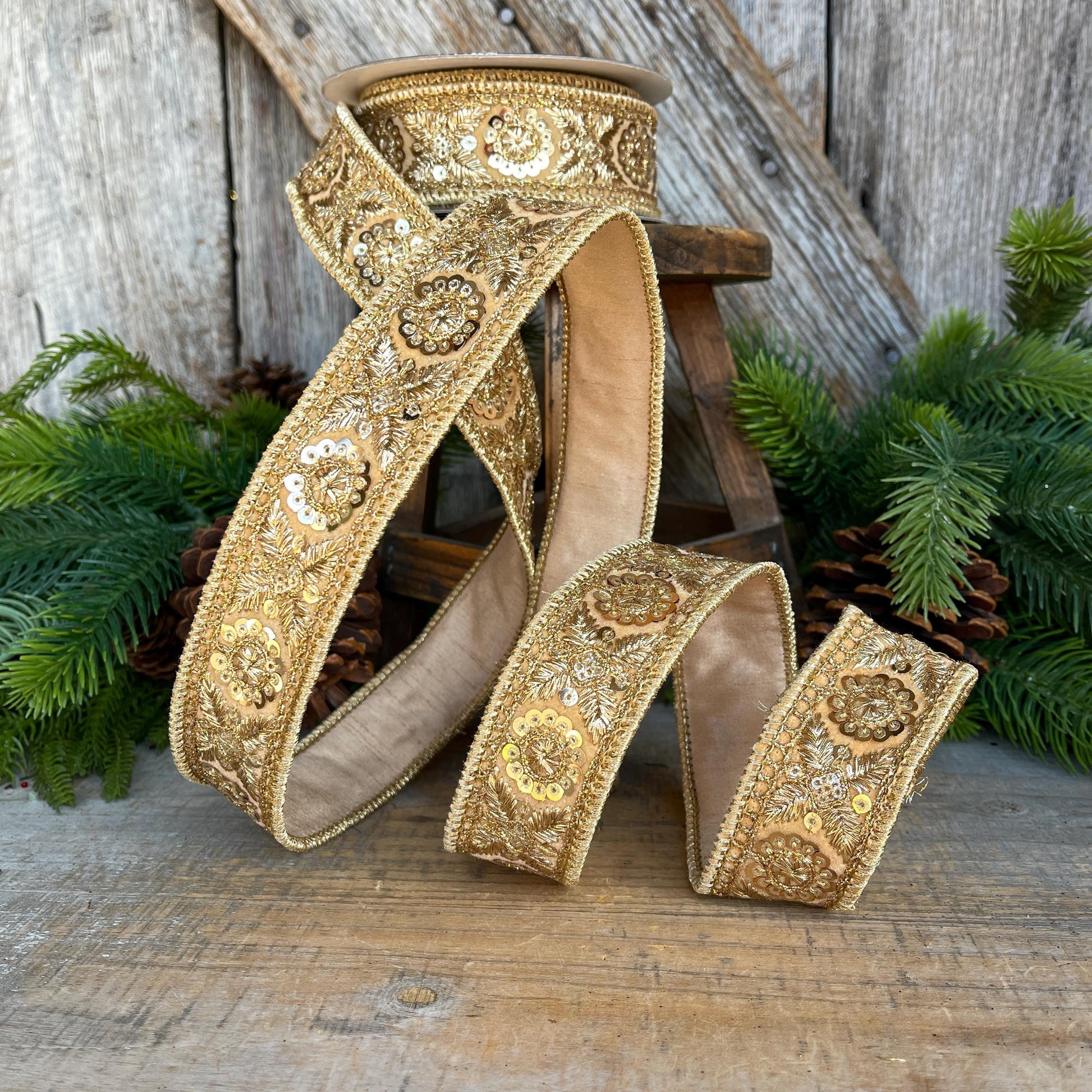 1.5" Gold Sequin Ribbon, Christmas Ribbon, Gold Ribbon for Tree