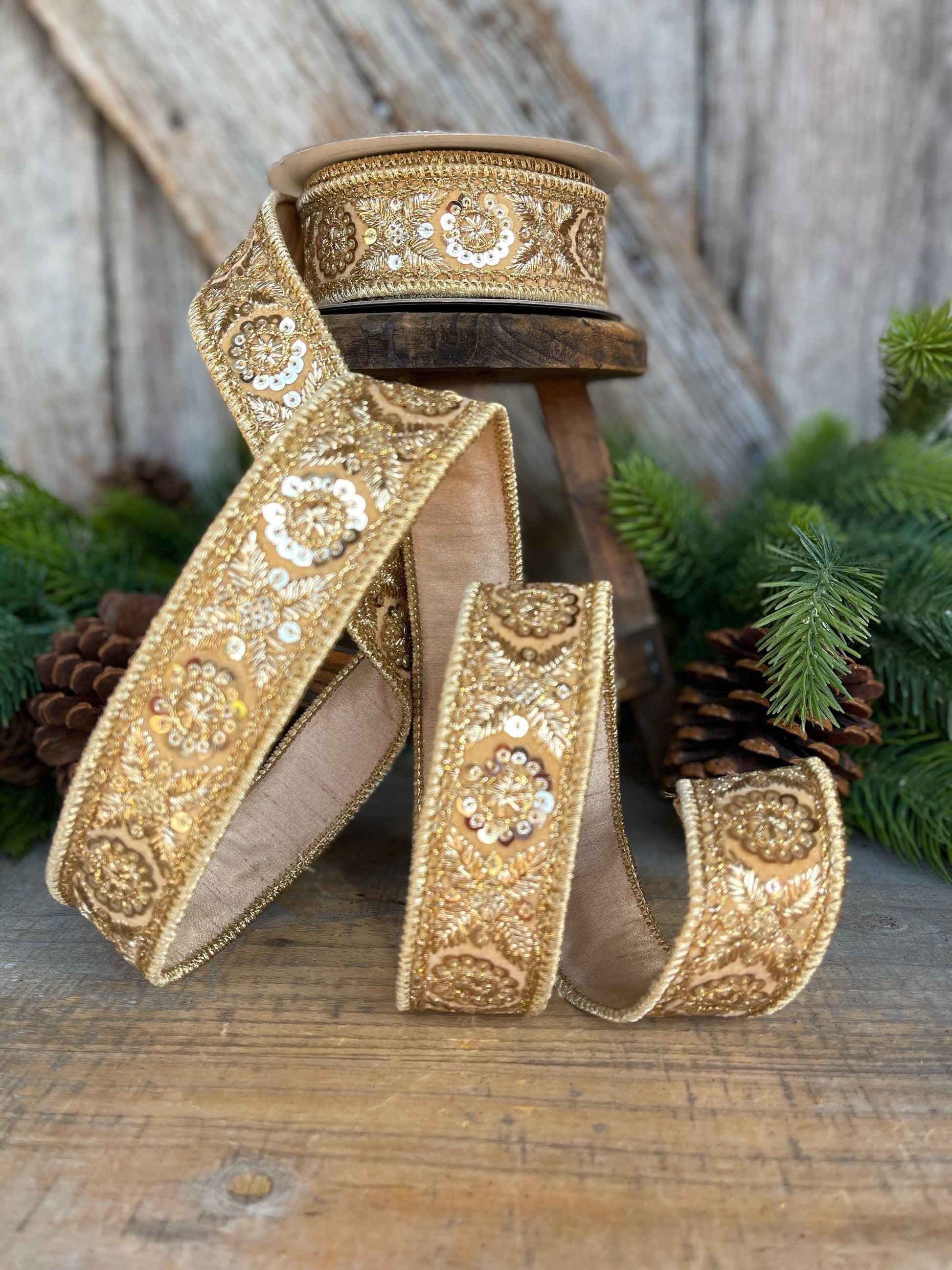 1.5" Gold Sequin Ribbon, Christmas Ribbon, Gold Ribbon for Tree