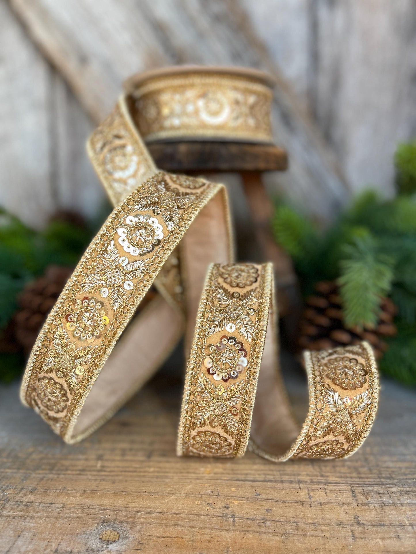 1.5" Gold Sequin Ribbon, Christmas Ribbon, Gold Ribbon for Tree