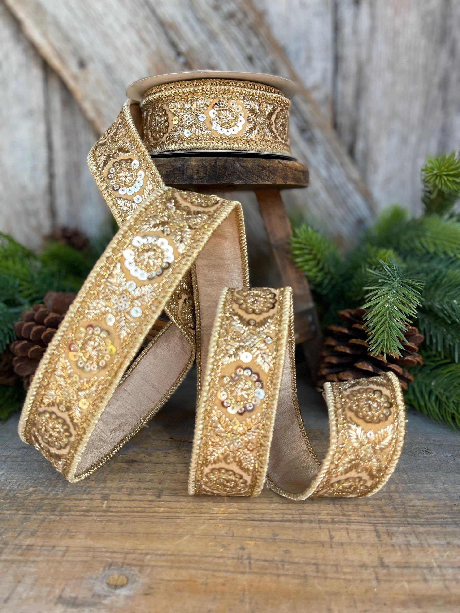 1.5" Gold Sequin Ribbon, Christmas Ribbon, Gold Ribbon for Tree