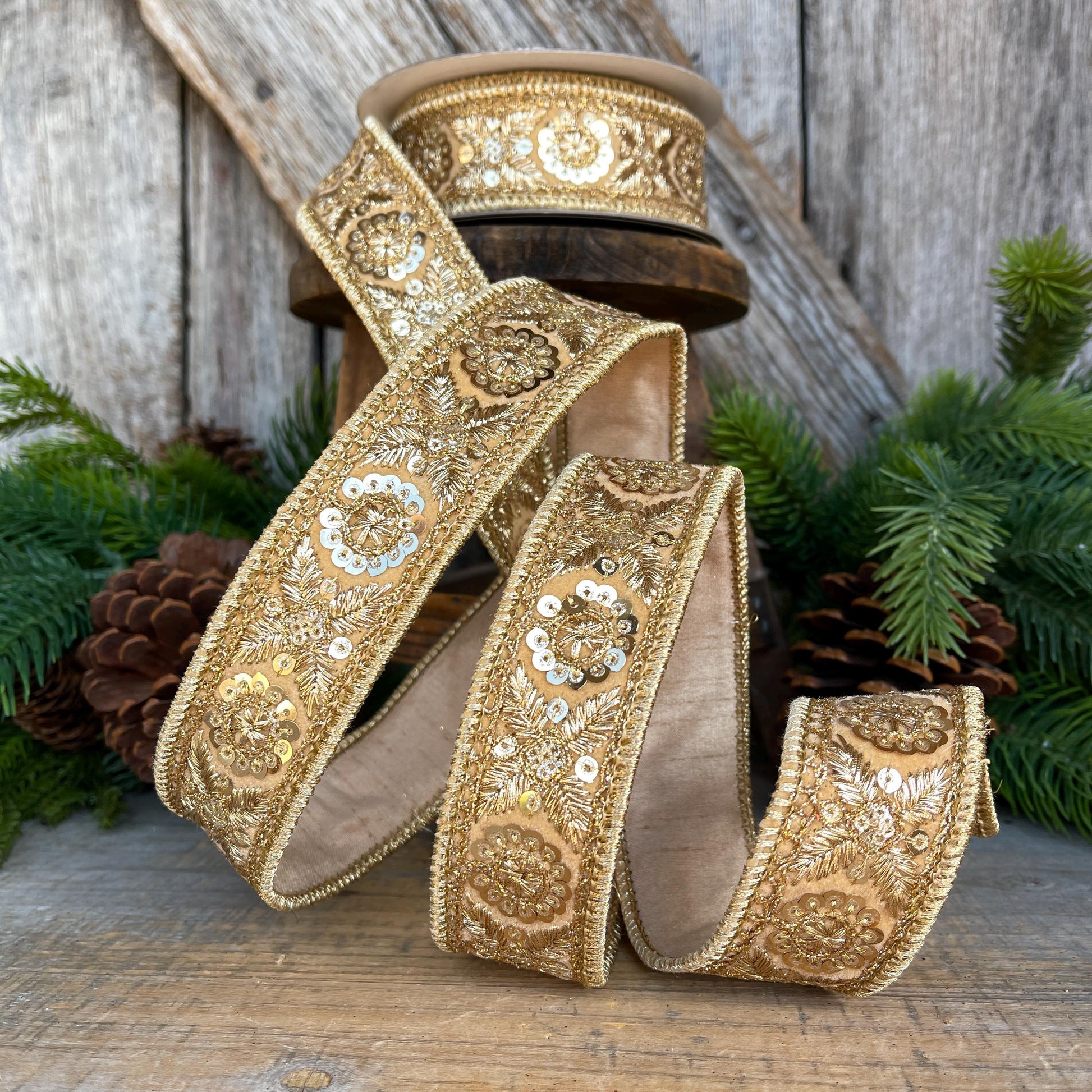 1.5" Gold Sequin Ribbon, Christmas Ribbon, Gold Ribbon for Tree