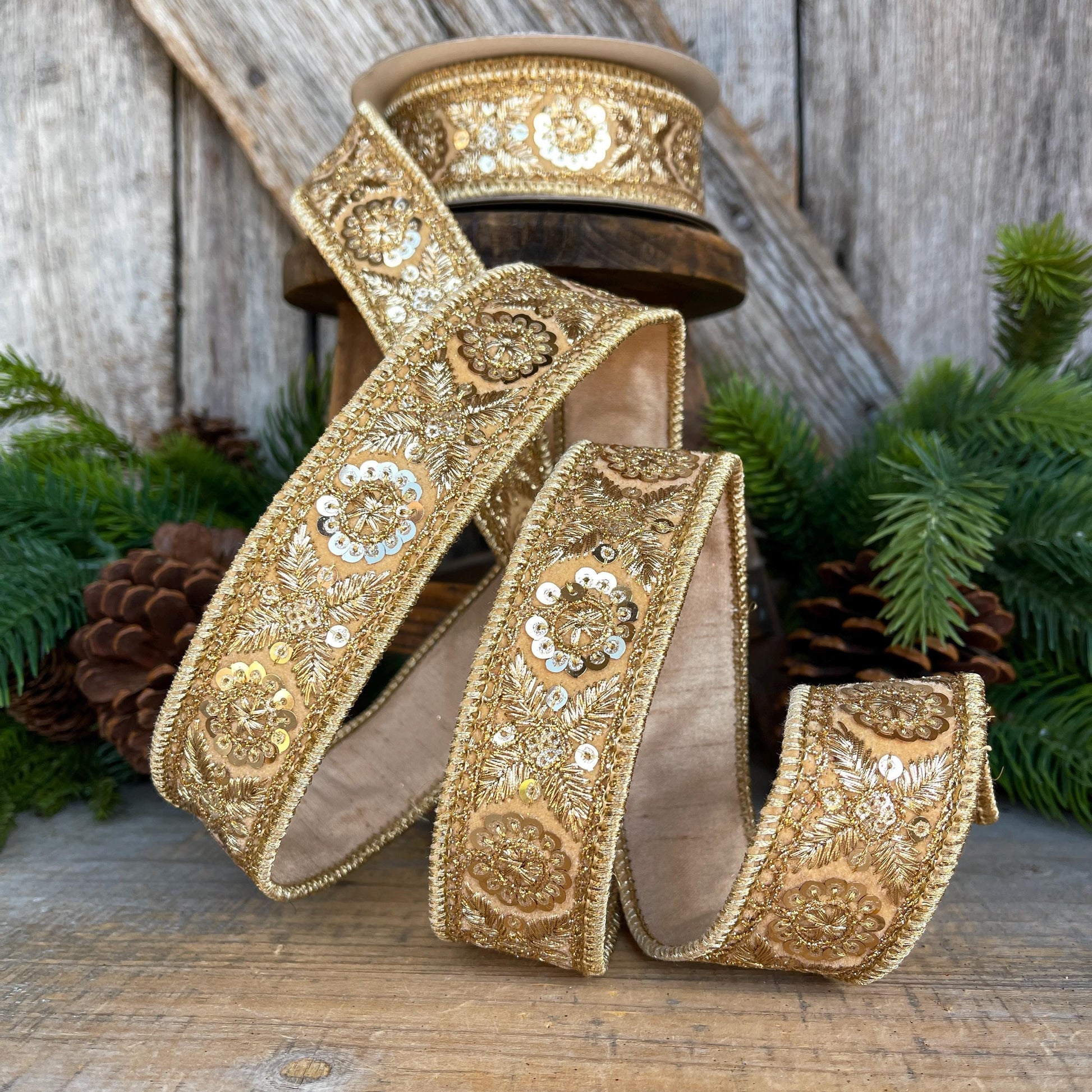 1.5" Gold Sequin Ribbon, Christmas Ribbon, Gold Ribbon for Tree