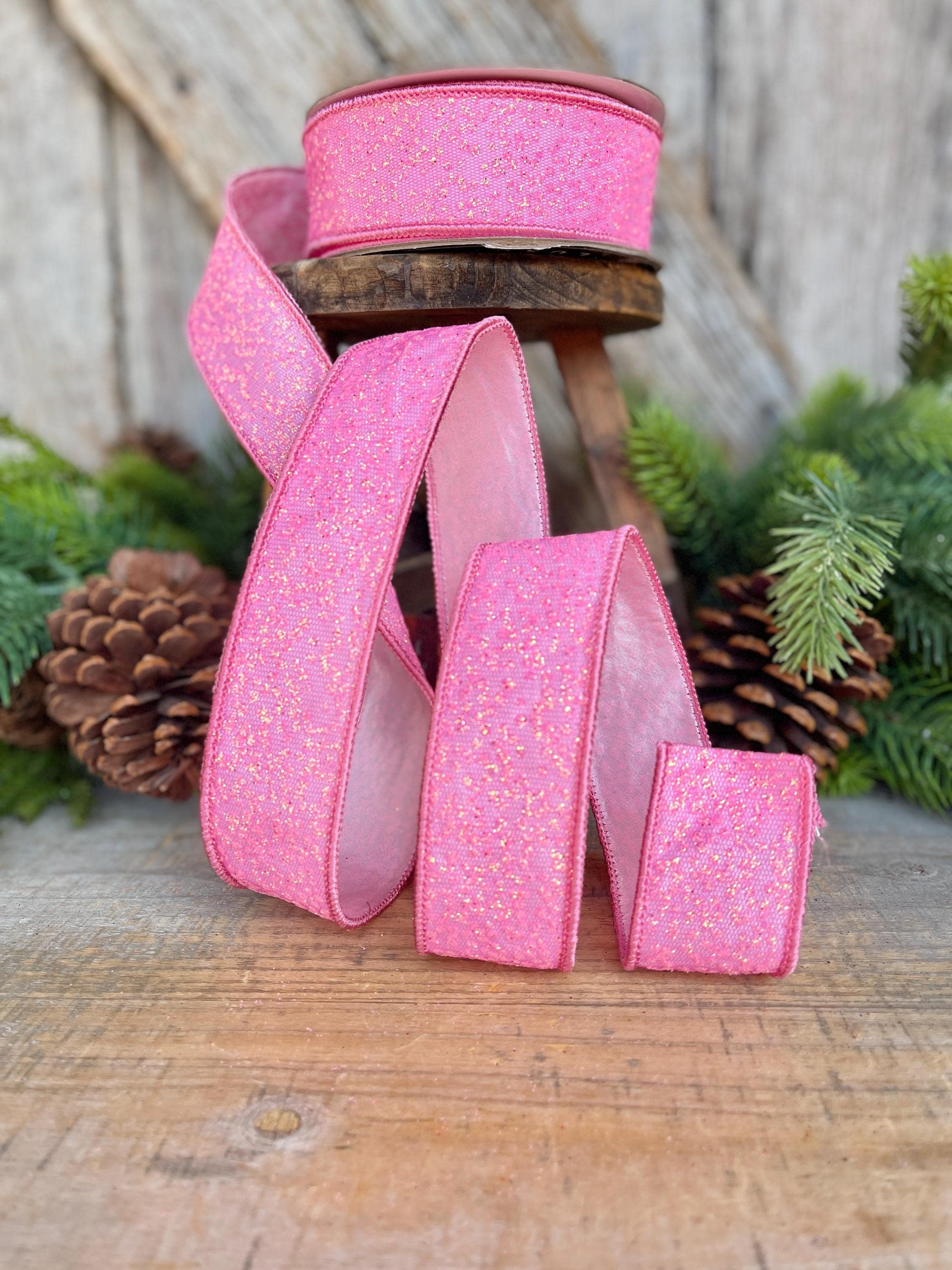 1.5" Pink Sparkle Ribbon, Christmas Ribbon, Pink Glitter RIbbon