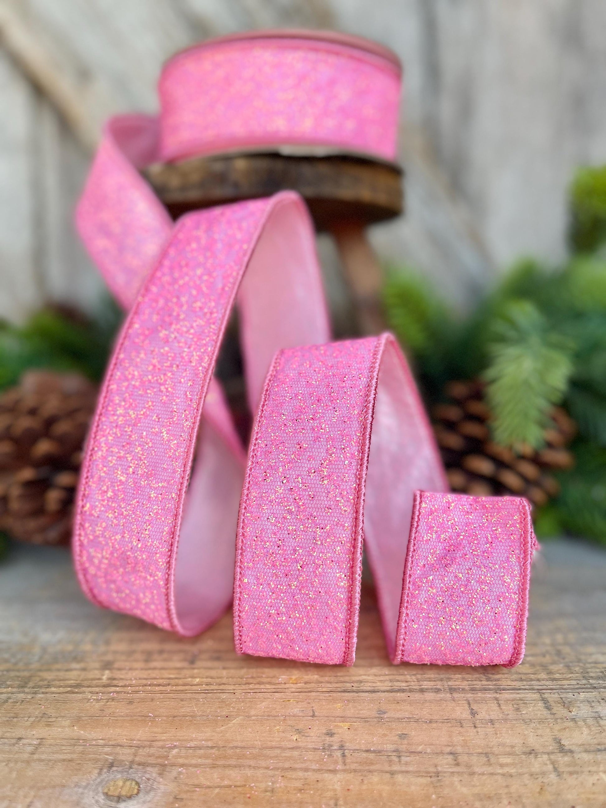 1.5" Pink Sparkle Ribbon, Christmas Ribbon, Pink Glitter RIbbon