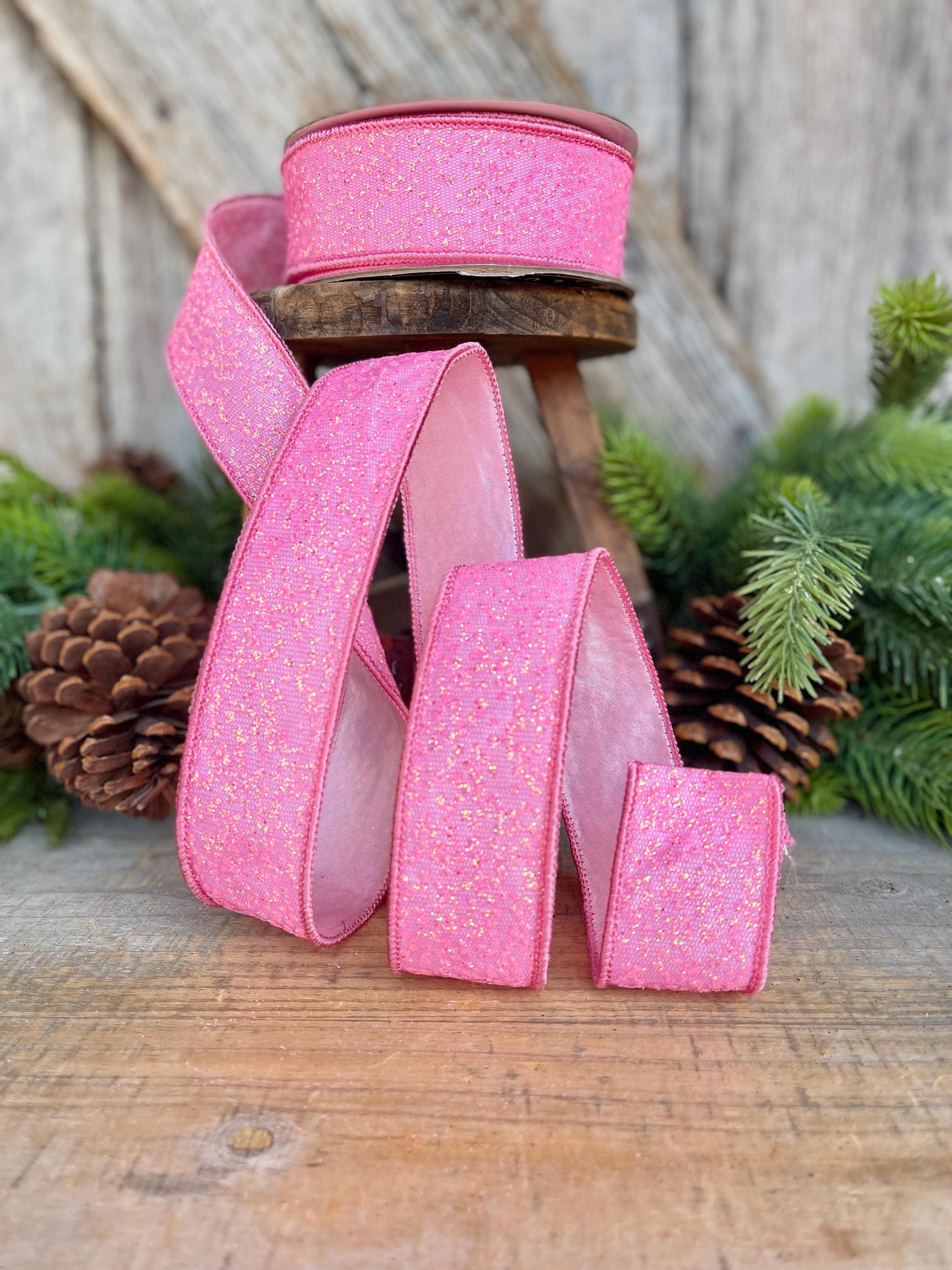 1.5" Pink Sparkle Ribbon, Christmas Ribbon, Pink Glitter RIbbon