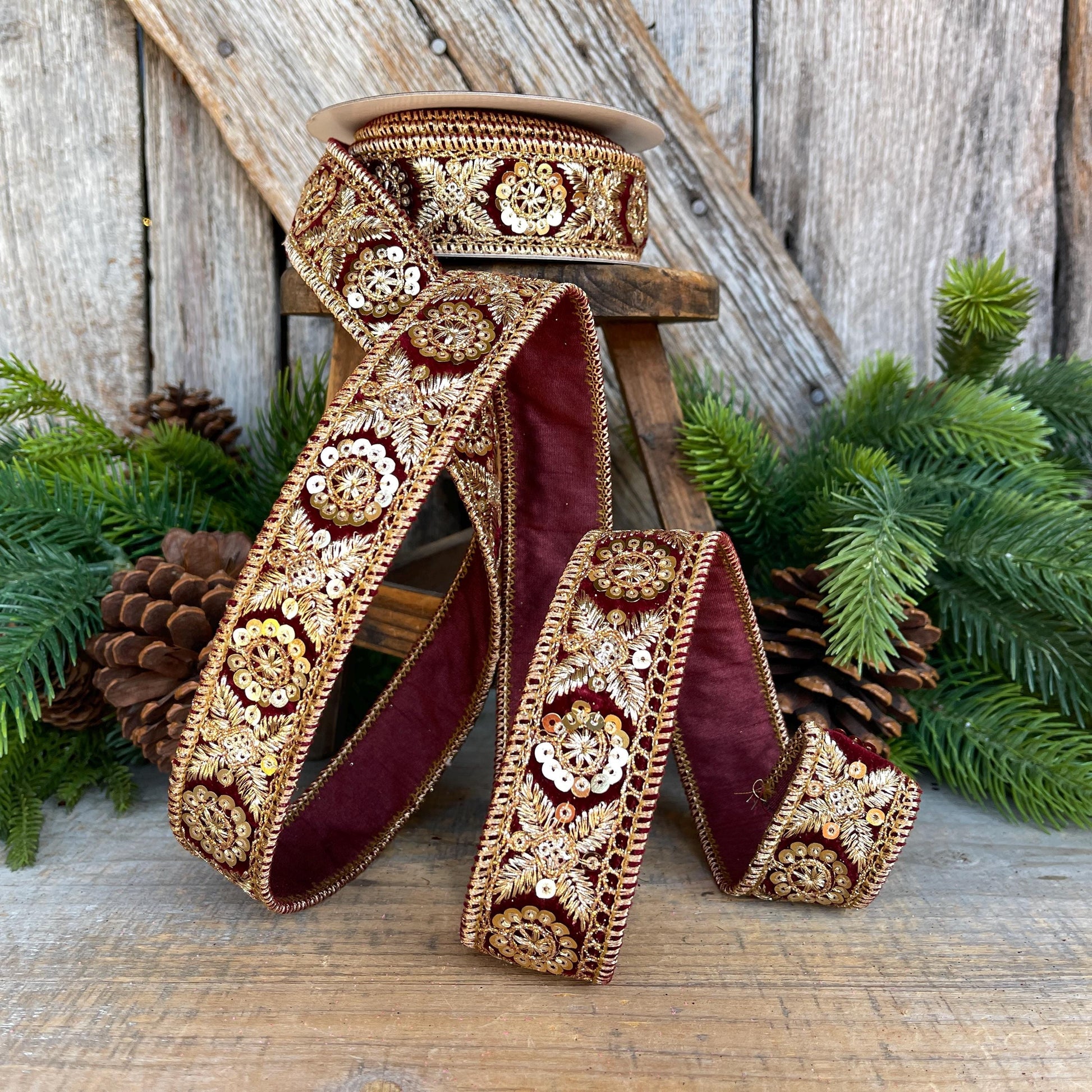 1.5" Burgundy Gold Sequin Ribbon, Christmas Ribbon, Burgundy Ribbon for Tree