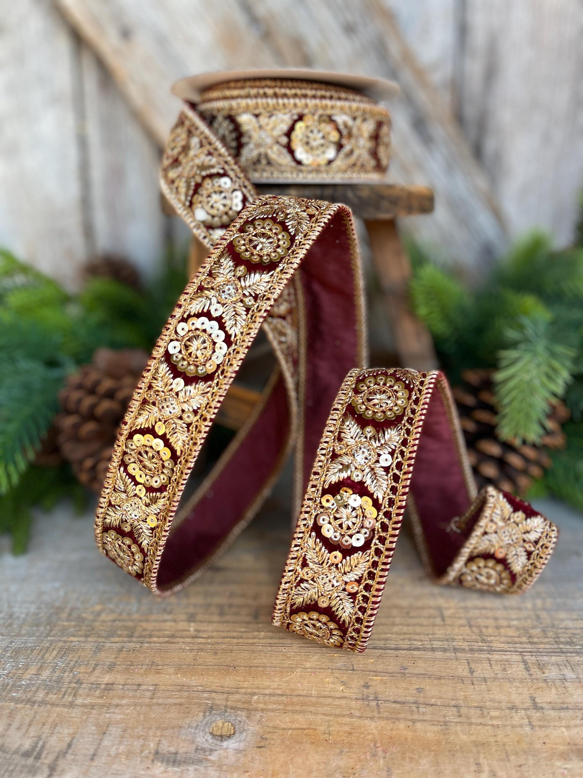 1.5" Burgundy Gold Sequin Ribbon, Christmas Ribbon, Burgundy Ribbon for Tree