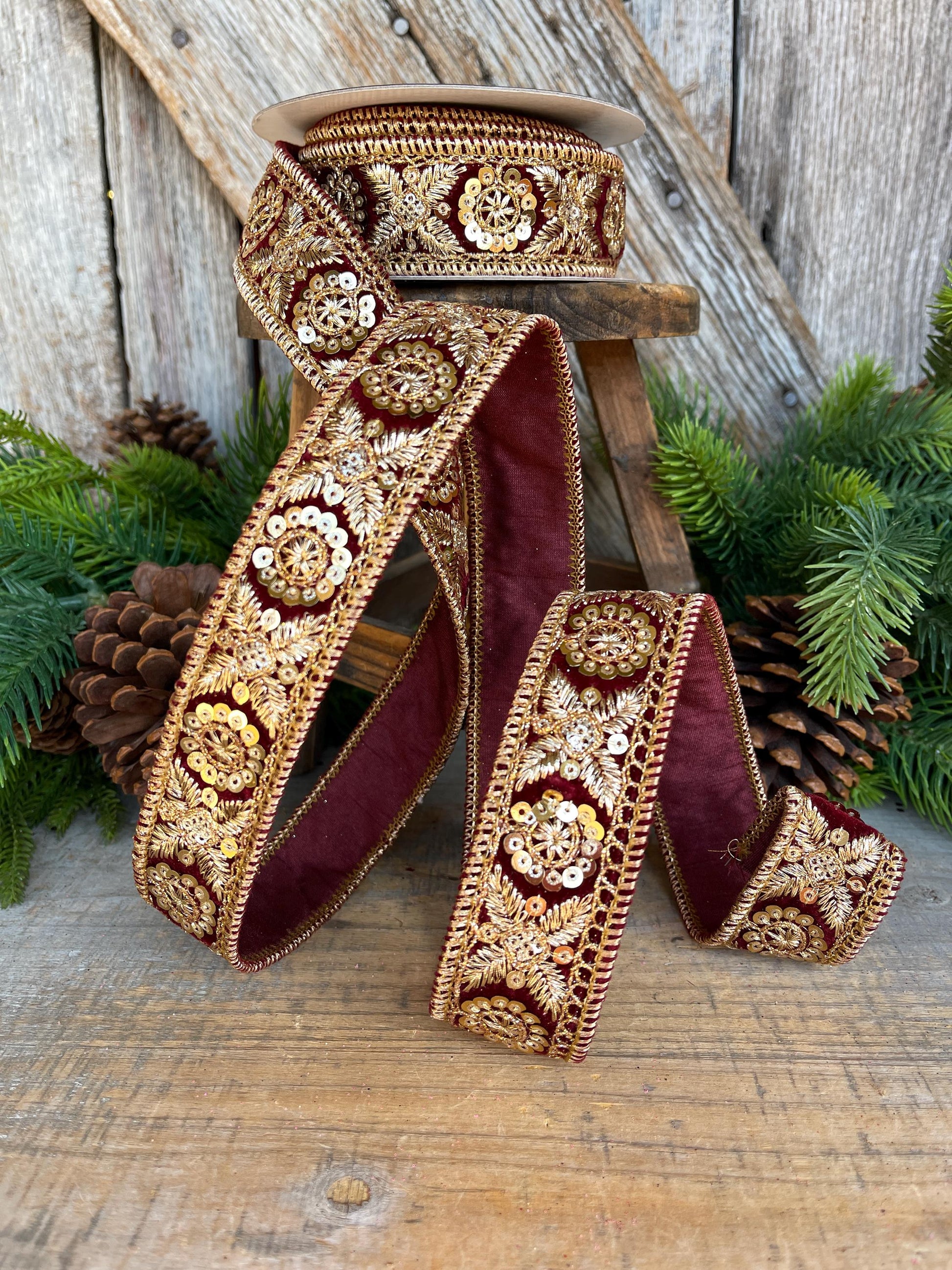1.5" Burgundy Gold Sequin Ribbon, Christmas Ribbon, Burgundy Ribbon for Tree