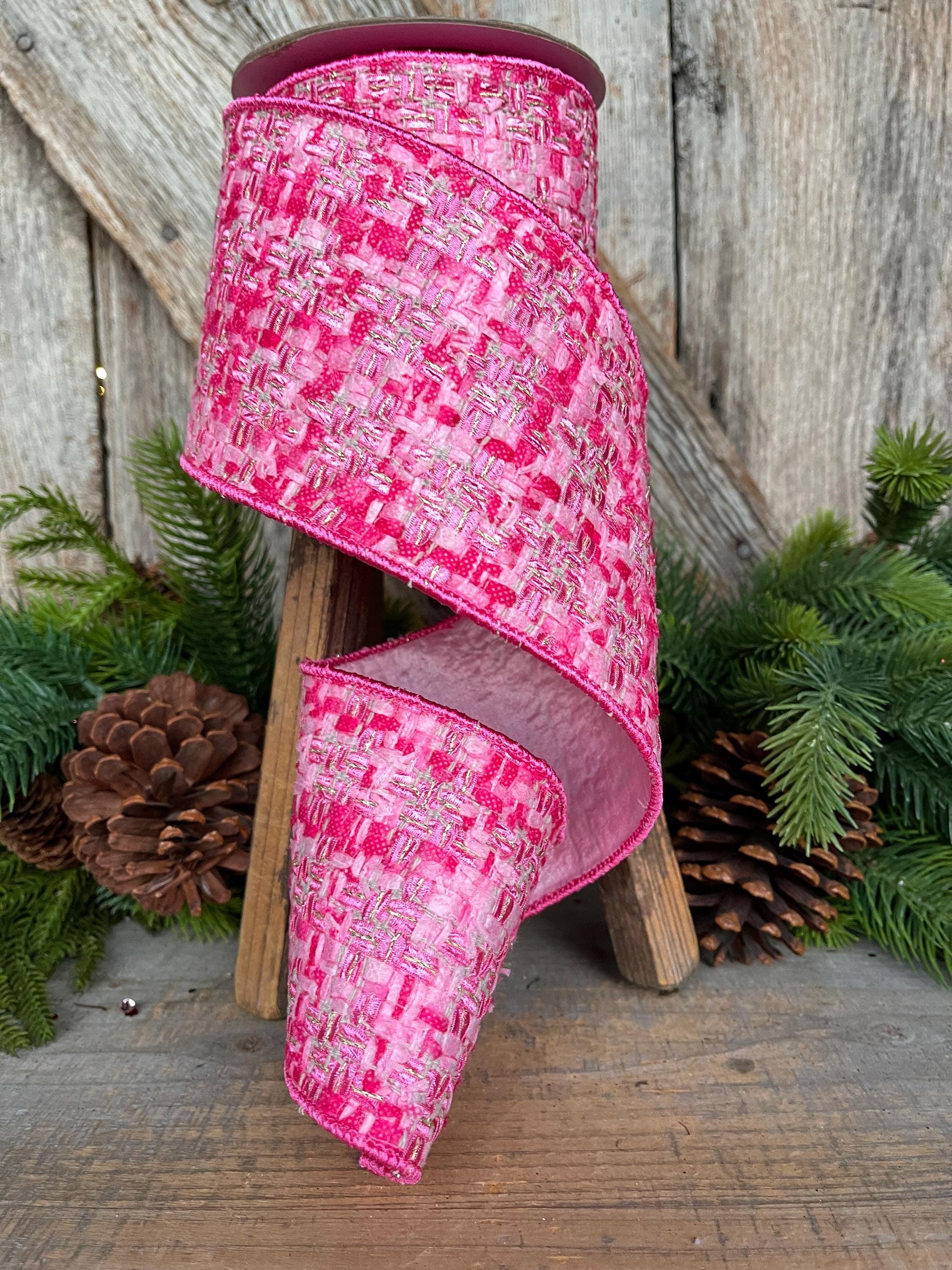 4" Hot Pink Tweed Ribbon, Hot Pink Christmas Ribbon