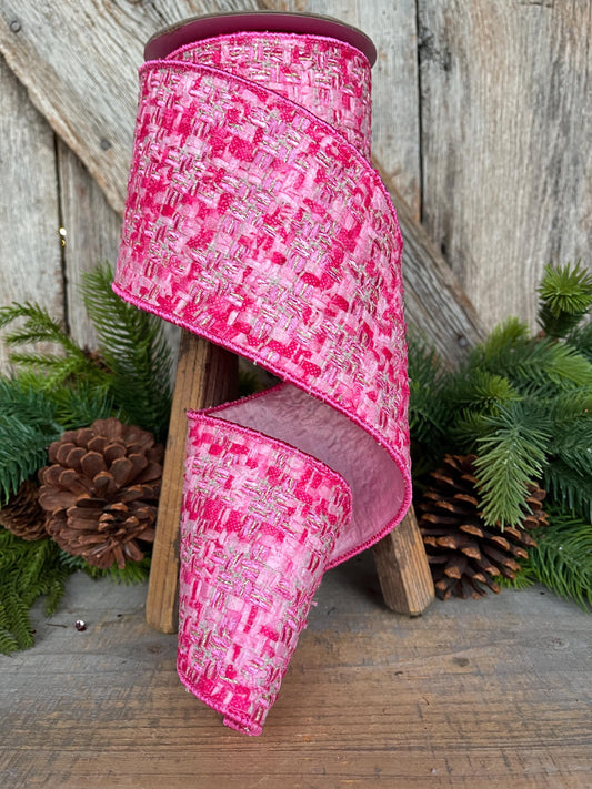 4" Hot Pink Tweed Ribbon, Hot Pink Christmas Ribbon