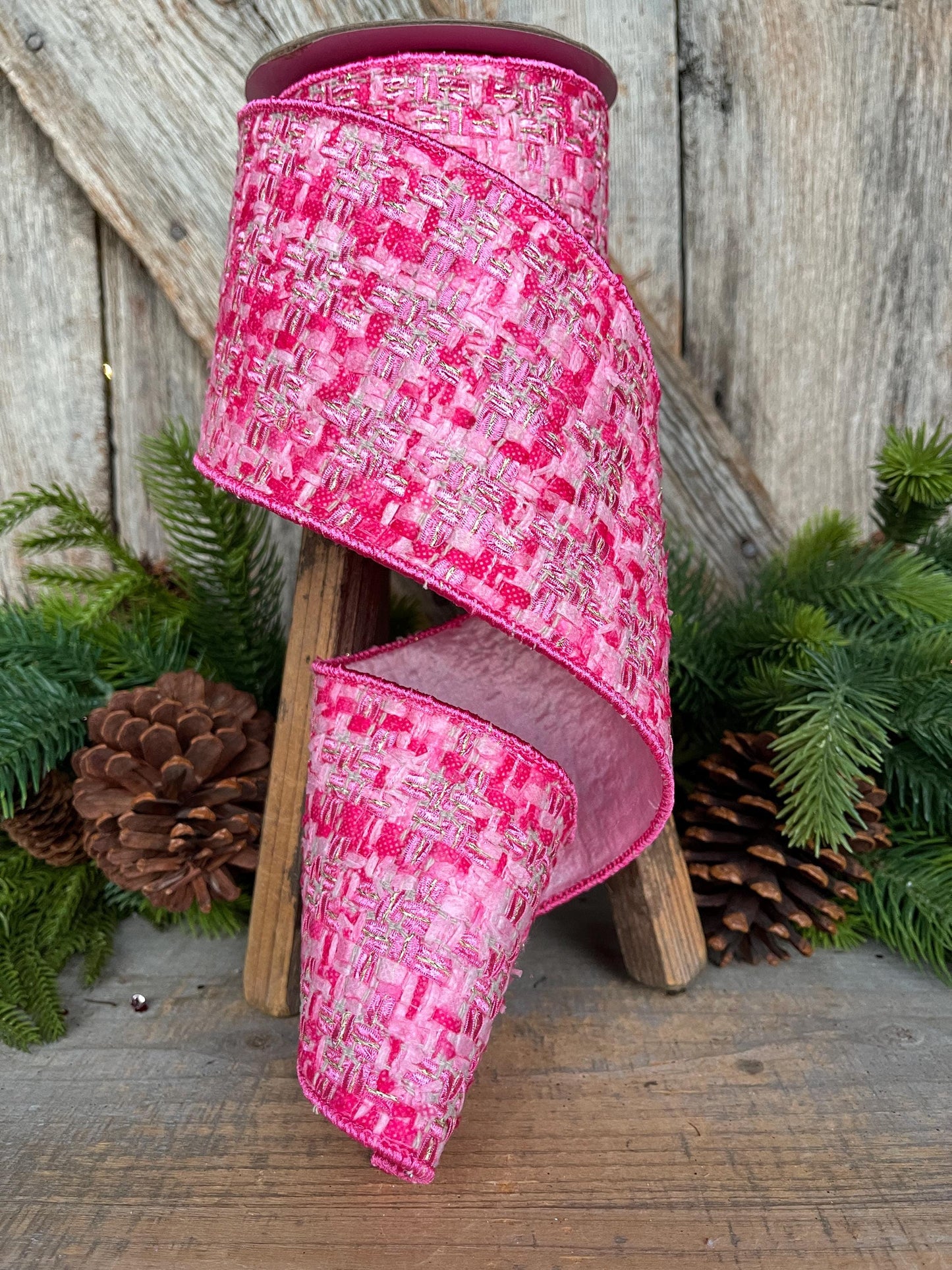 4" Hot Pink Tweed Ribbon, Hot Pink Christmas Ribbon