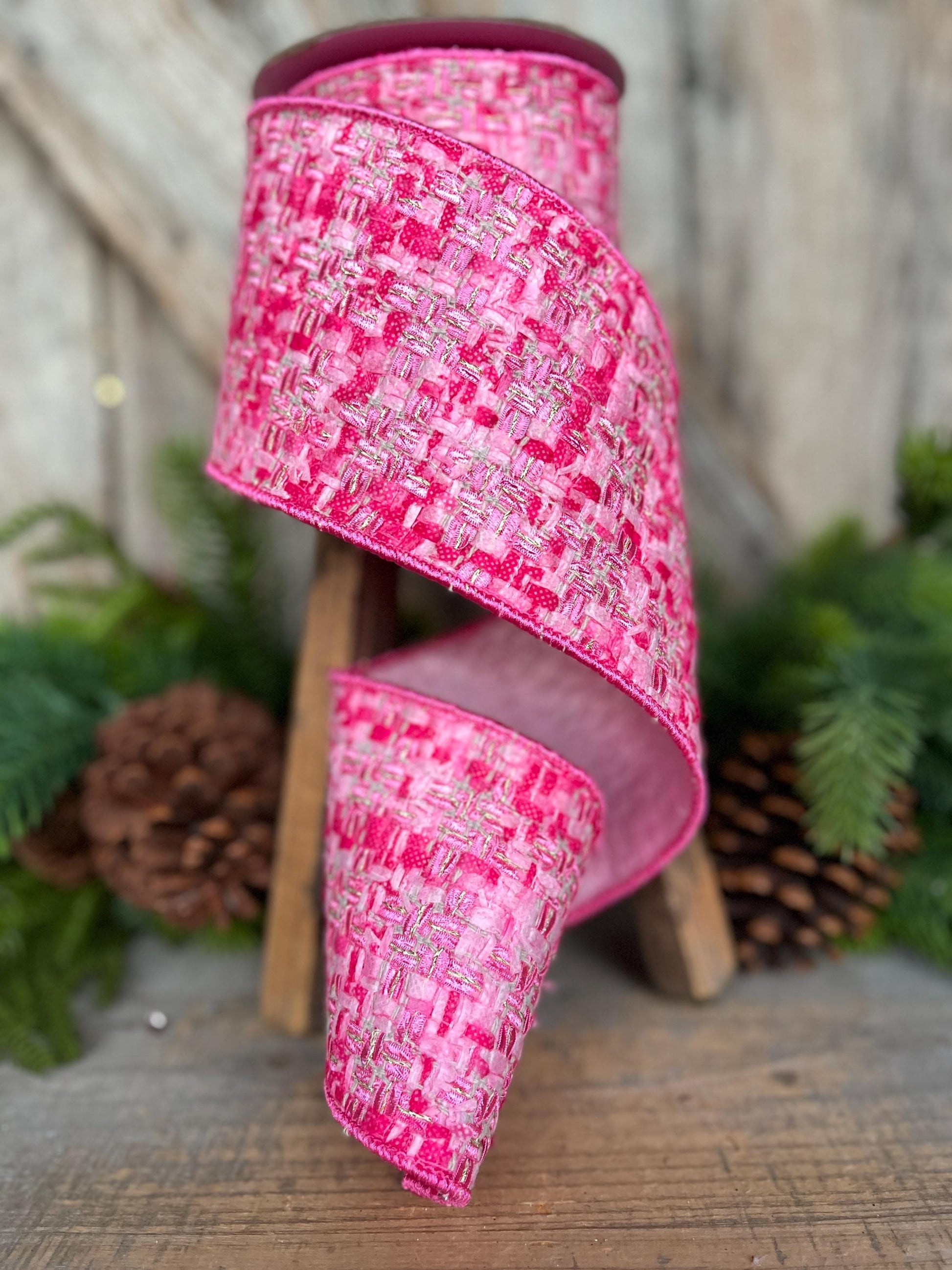 4" Hot Pink Tweed Ribbon, Hot Pink Christmas Ribbon
