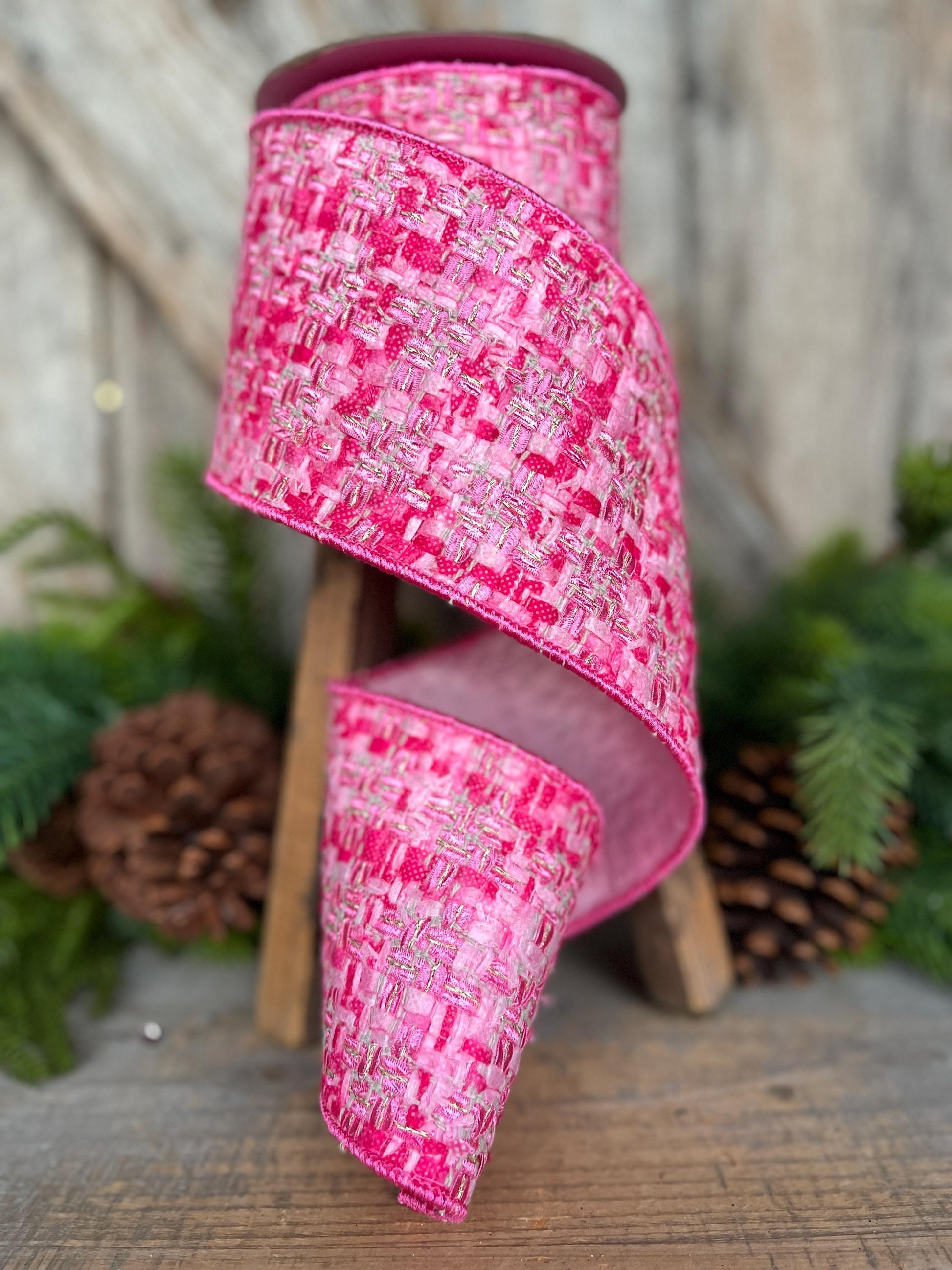 4" Hot Pink Tweed Ribbon, Hot Pink Christmas Ribbon