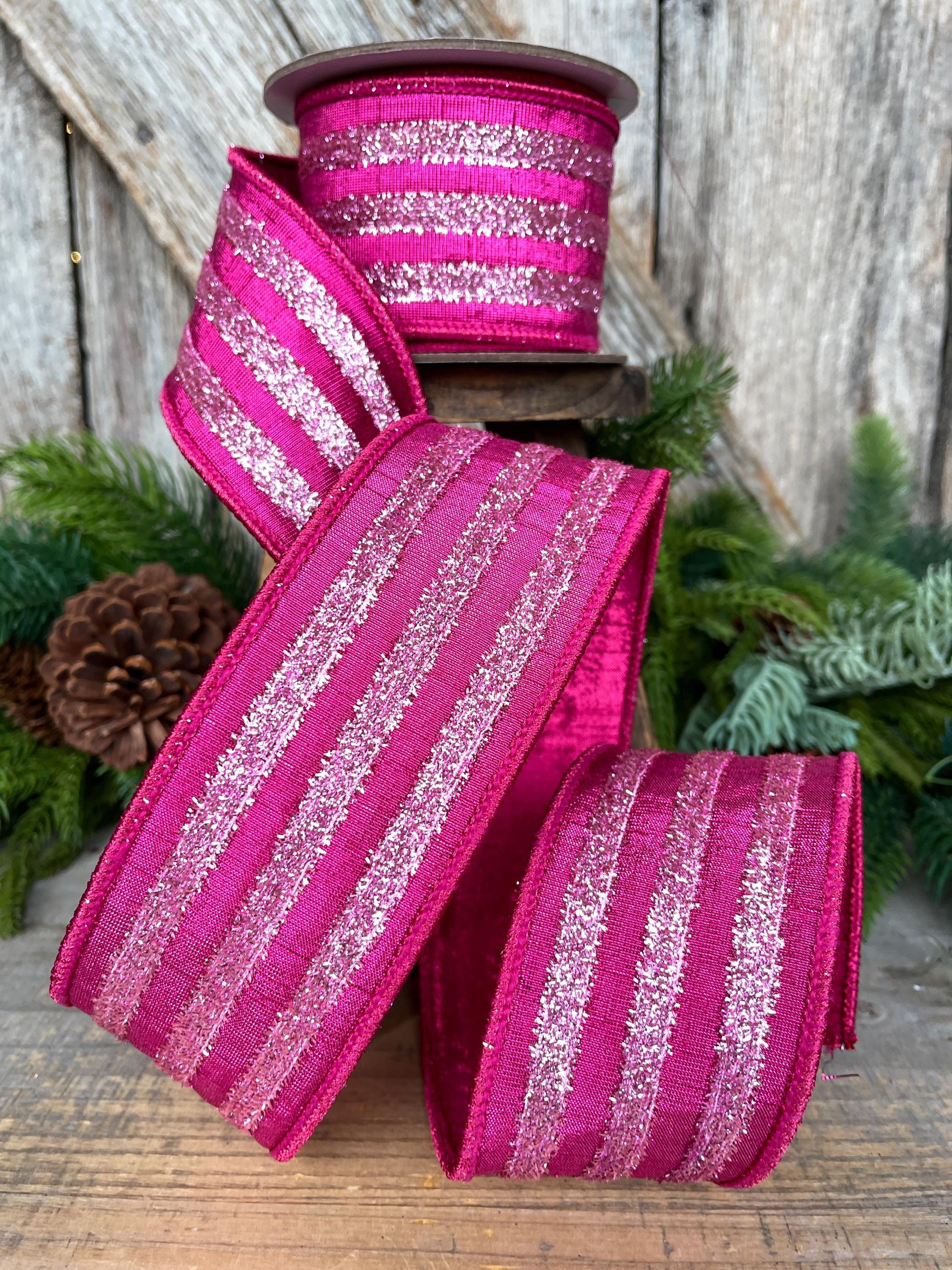 2.5" Hot Pink Tinsel Ribbon, Farrisilk Ribbon, Hot Pink Ribbon for Tree