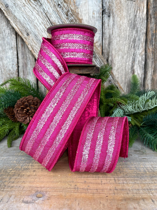 2.5" Hot Pink Tinsel Ribbon, Farrisilk Ribbon, Hot Pink Ribbon for Tree