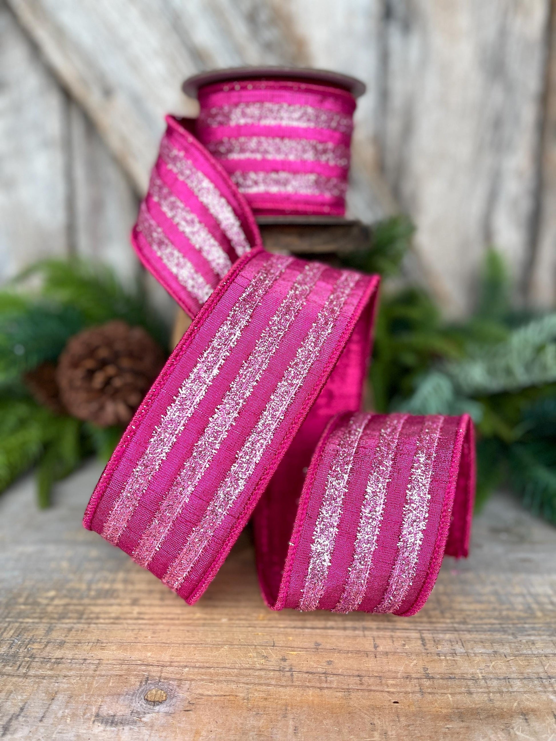 2.5" Hot Pink Tinsel Ribbon, Farrisilk Ribbon, Hot Pink Ribbon for Tree