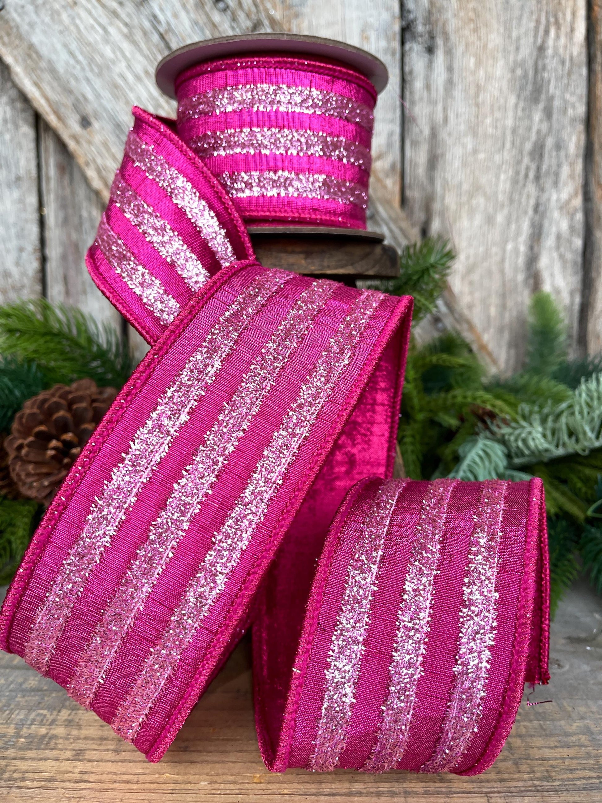2.5" Hot Pink Tinsel Ribbon, Farrisilk Ribbon, Hot Pink Ribbon for Tree