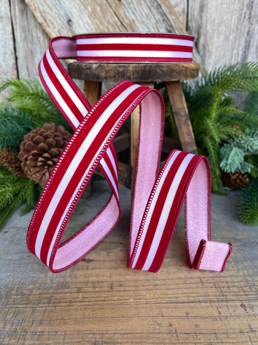 1" Red Pink Ribbon, Farrisilk Ribbon, Sugar Stripes Ribbon