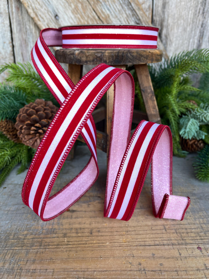 1" Red Pink Ribbon, Farrisilk Ribbon, Sugar Stripes Ribbon