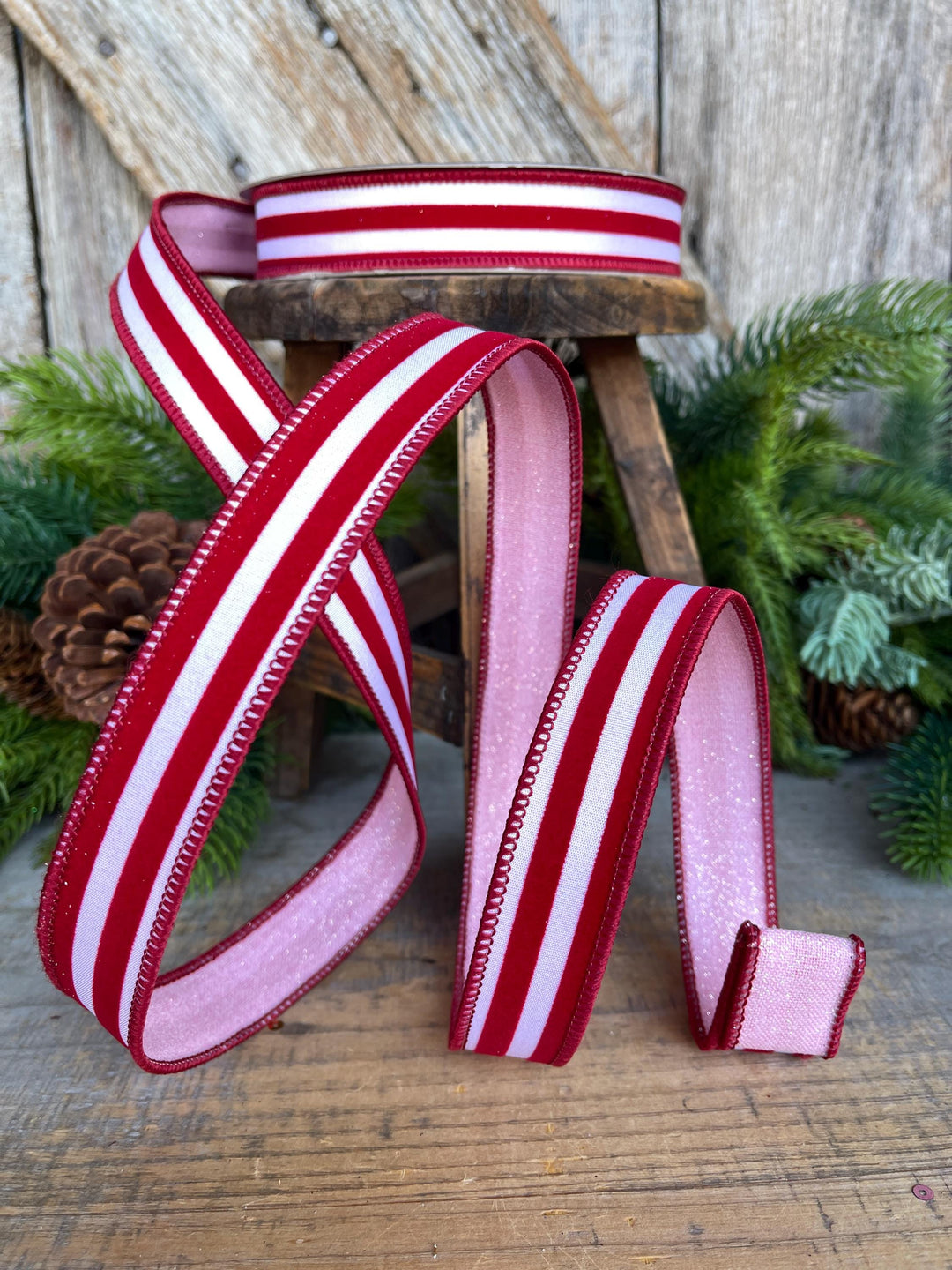 1" Red Pink Ribbon, Farrisilk Ribbon, Sugar Stripes Ribbon