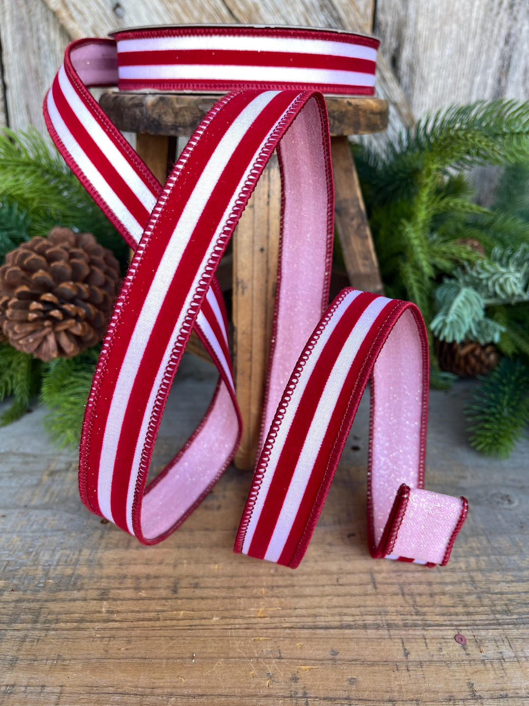 1" Red Pink Ribbon, Farrisilk Ribbon, Sugar Stripes Ribbon