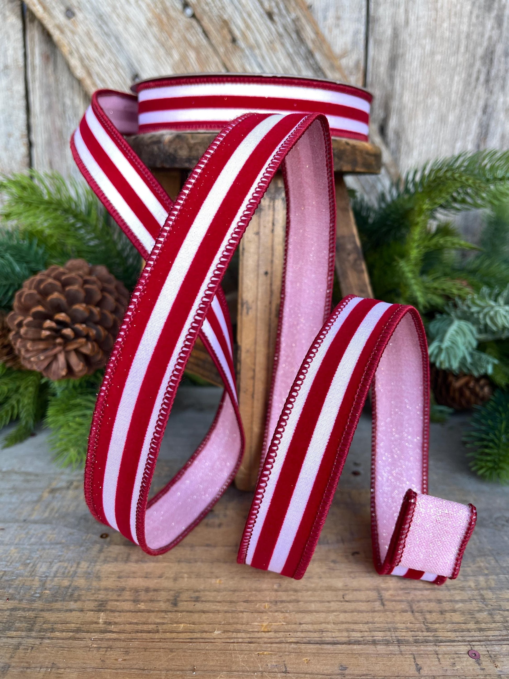 1" Red Pink Ribbon, Farrisilk Ribbon, Sugar Stripes Ribbon, Red Pink Stripe Ribbon, Christmas Ribbon, Candy Cane RIbbon, RS281-14