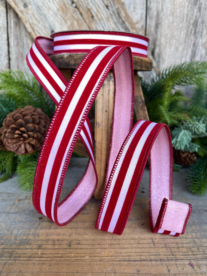 1" Red Pink Ribbon, Farrisilk Ribbon, Sugar Stripes Ribbon