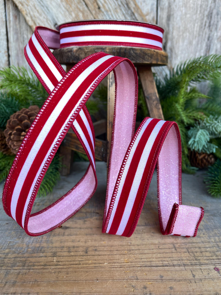 1" Red Pink Ribbon, Farrisilk Ribbon, Sugar Stripes Ribbon
