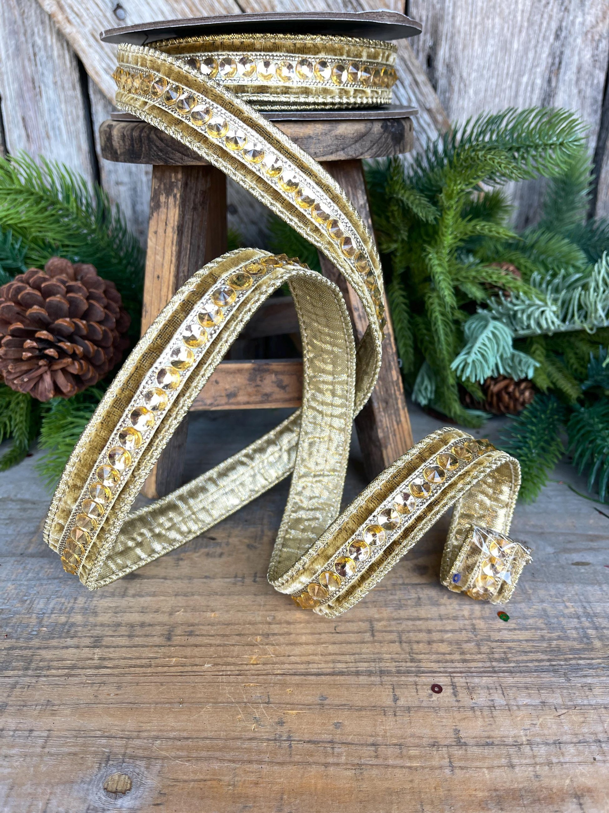 5/8" Gold Jeweled Ribbon, Gold Jeweled RIbbon, Christmas Ribbon, Gold Christmas Ribbon, Designer RIbbon