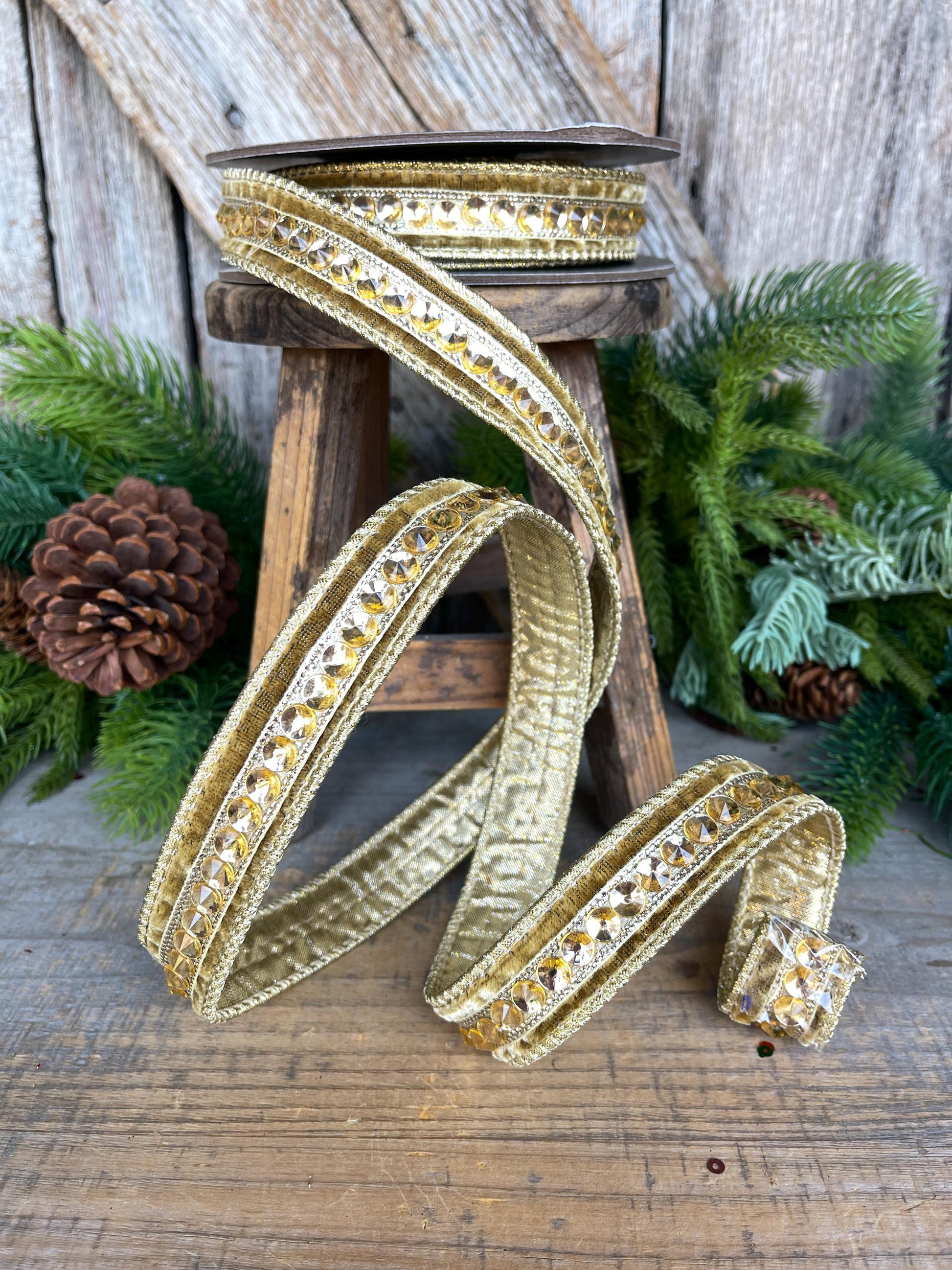 5/8" Gold Jeweled Ribbon, Gold Jeweled RIbbon, Christmas Ribbon, Gold Christmas Ribbon, Designer RIbbon