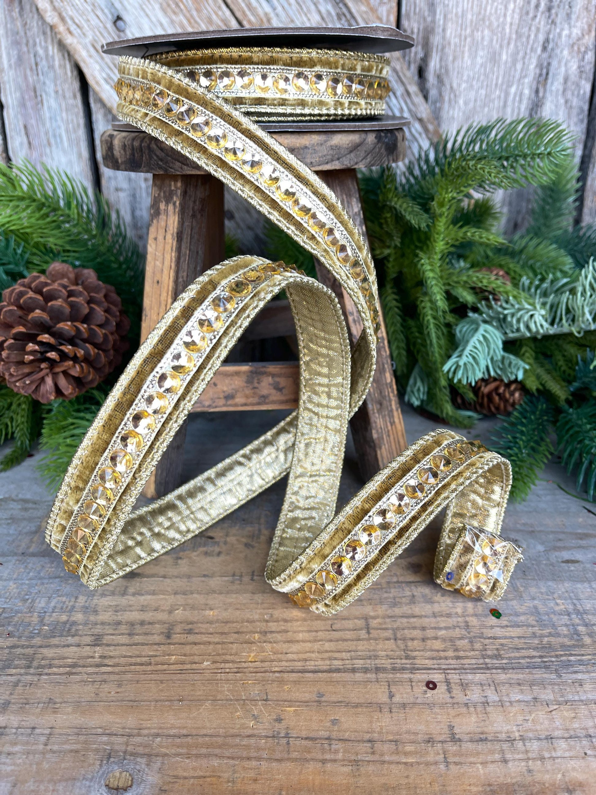 5/8" Gold Jeweled Ribbon, Gold Jeweled RIbbon, Christmas Ribbon, Gold Christmas Ribbon, Designer RIbbon