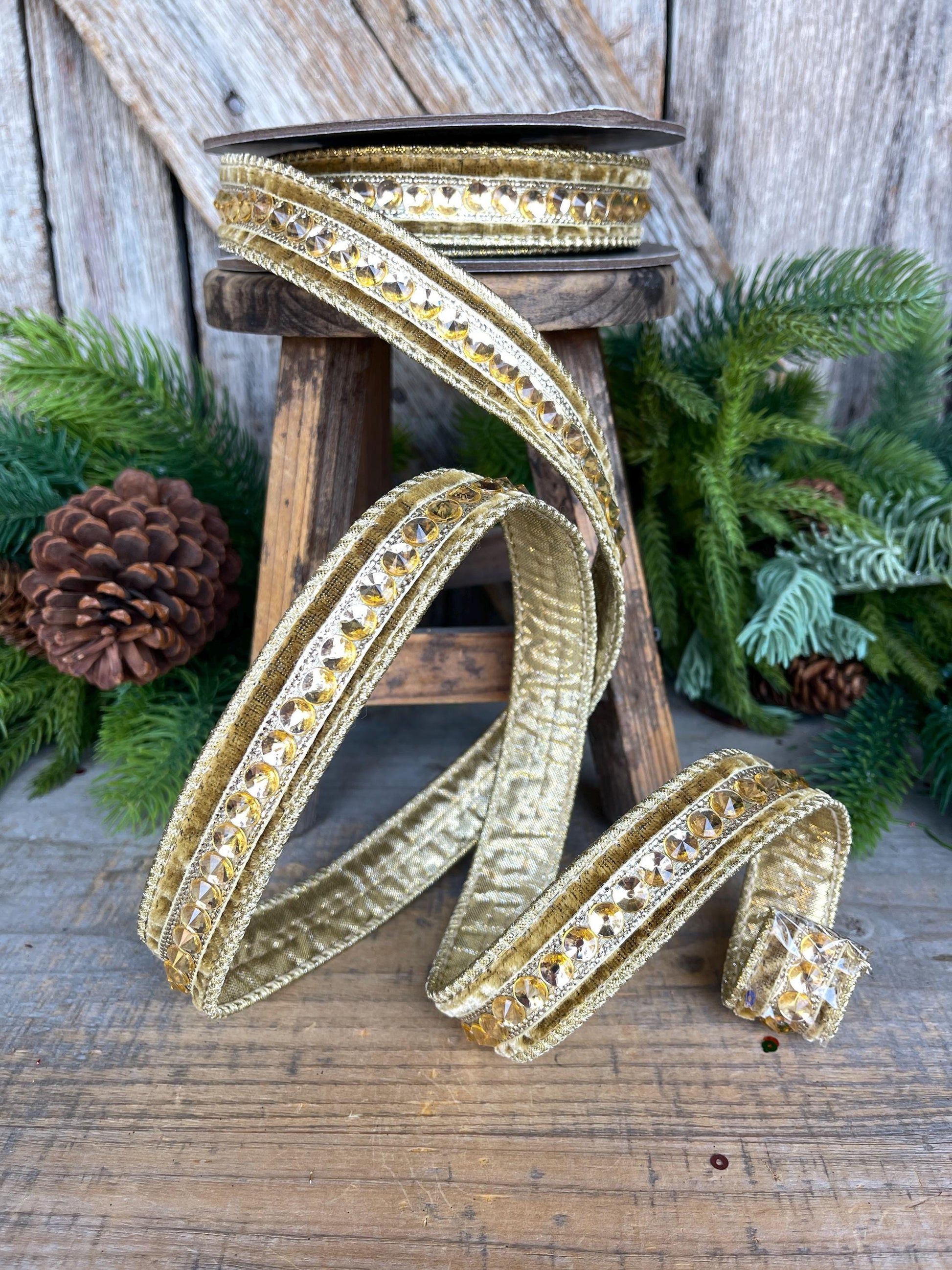 5/8" Gold Jeweled Ribbon, Gold Jeweled RIbbon, Christmas Ribbon, Gold Christmas Ribbon, Designer RIbbon