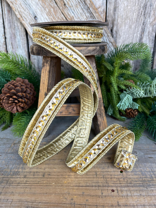 5/8" Gold Jeweled Ribbon, Gold Jeweled RIbbon, Christmas Ribbon, Gold Christmas Ribbon, Designer RIbbon