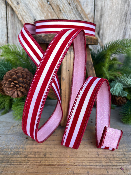1" Red Pink Ribbon, Farrisilk Ribbon, Sugar Stripes Ribbon