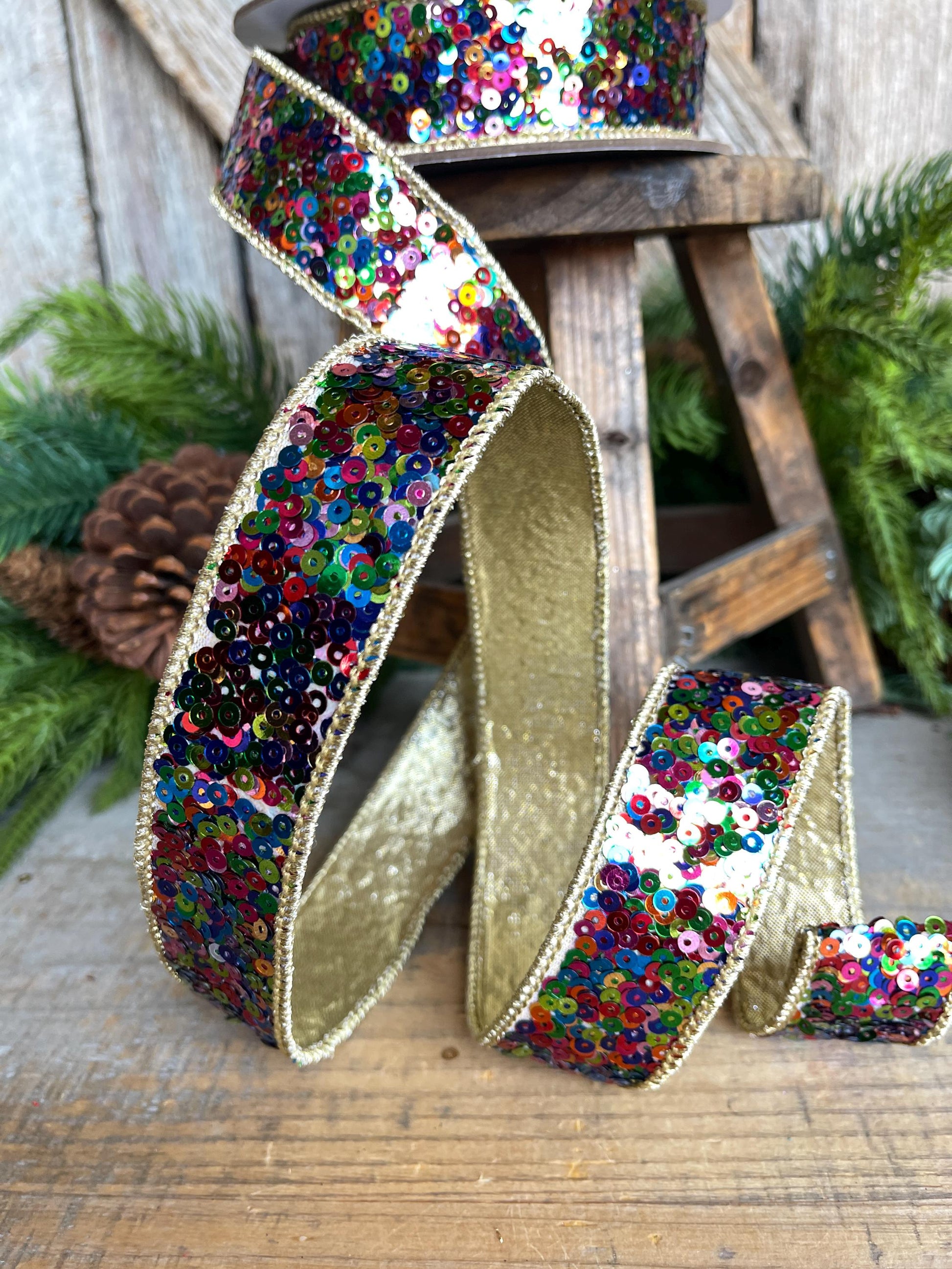 1" Sequin Ribbon, Multi Colored Sequin Ribbon, Christmas Ribbon, Party Ribbon, RK798-32