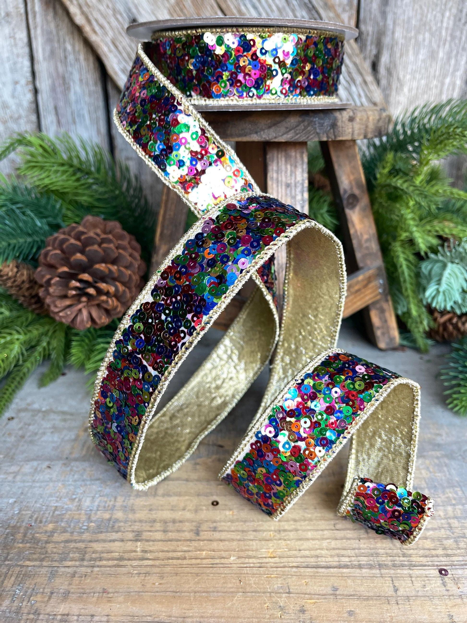 1" Sequin Ribbon, Multi Colored Sequin Ribbon, Christmas Ribbon, Party Ribbon, RK798-32