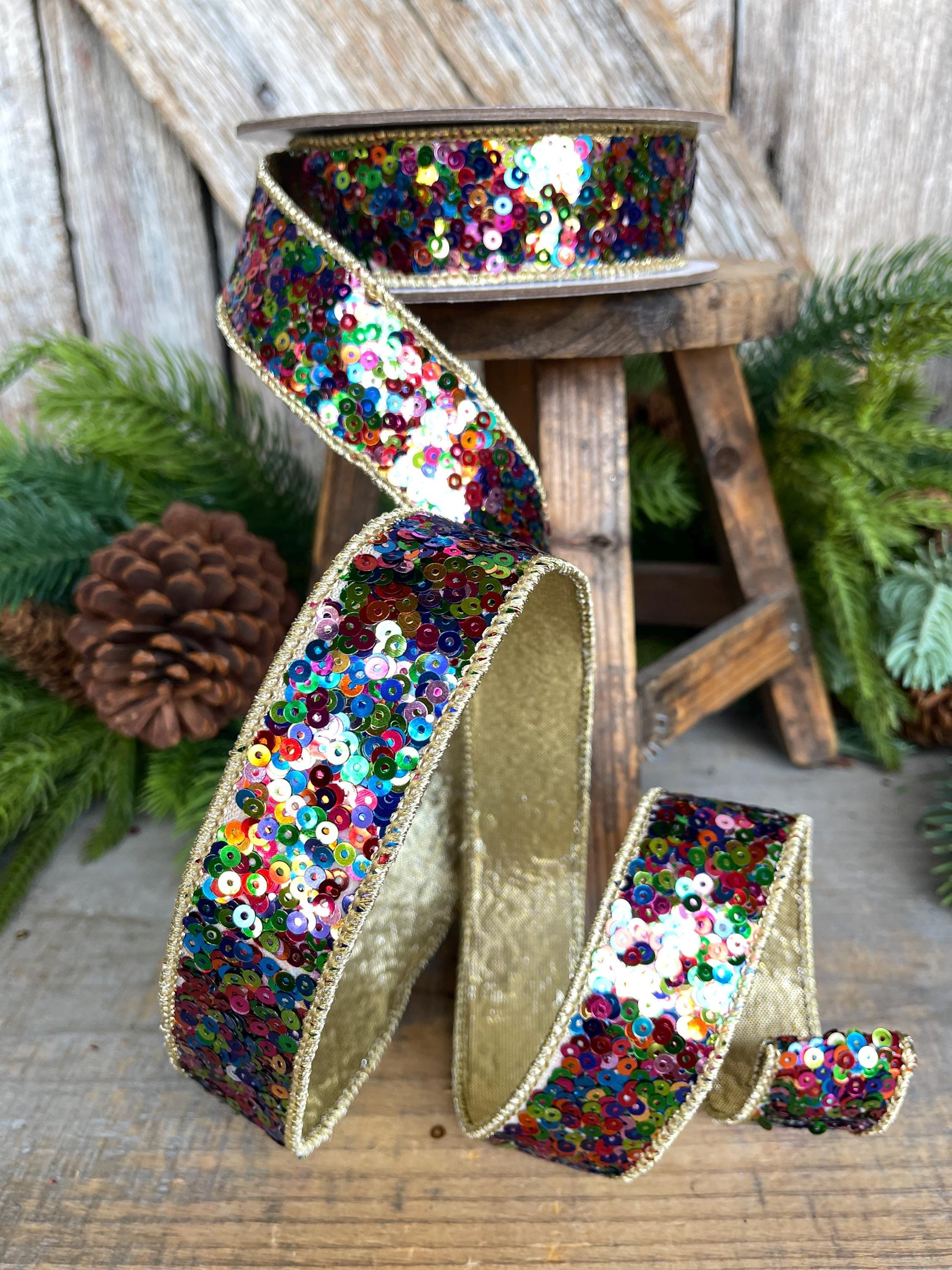 1" Sequin Ribbon, Multi Colored Sequin Ribbon, Christmas Ribbon, Party Ribbon, RK798-32