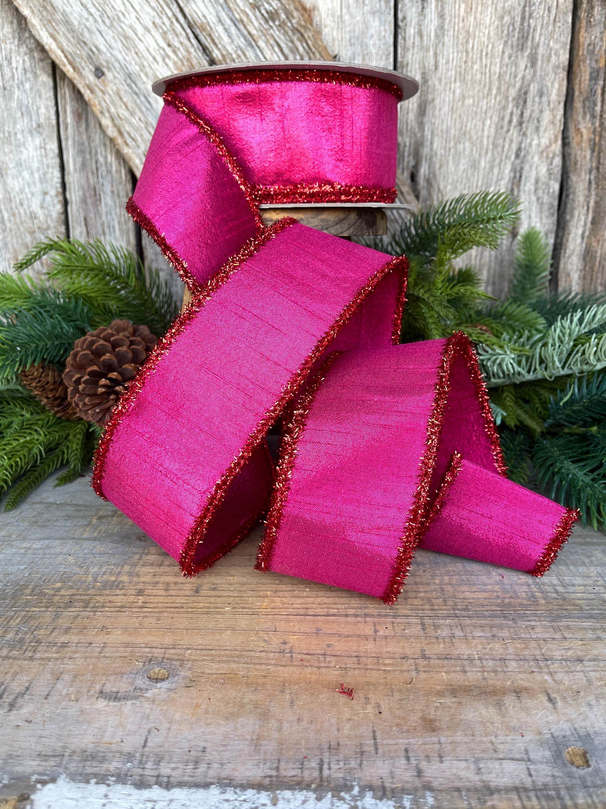 2.5" Hot Pink Ribbon, Hot Pink & Red Ribbon, Christmas Tree Ribbon, Farrisilk Ribbon, RK791-33