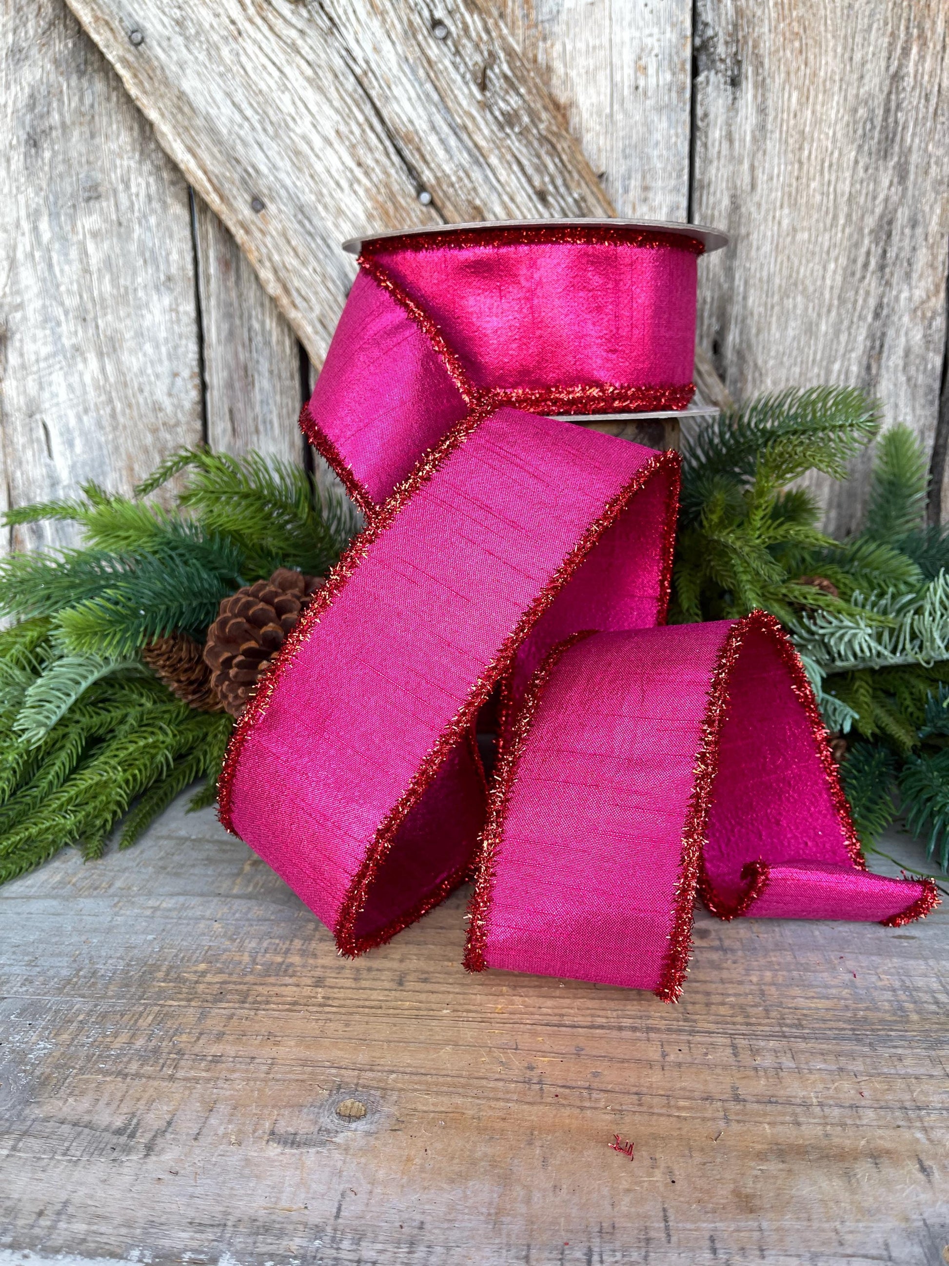 2.5" Hot Pink Ribbon, Hot Pink & Red Ribbon, Christmas Tree Ribbon, Farrisilk Ribbon, RK791-33