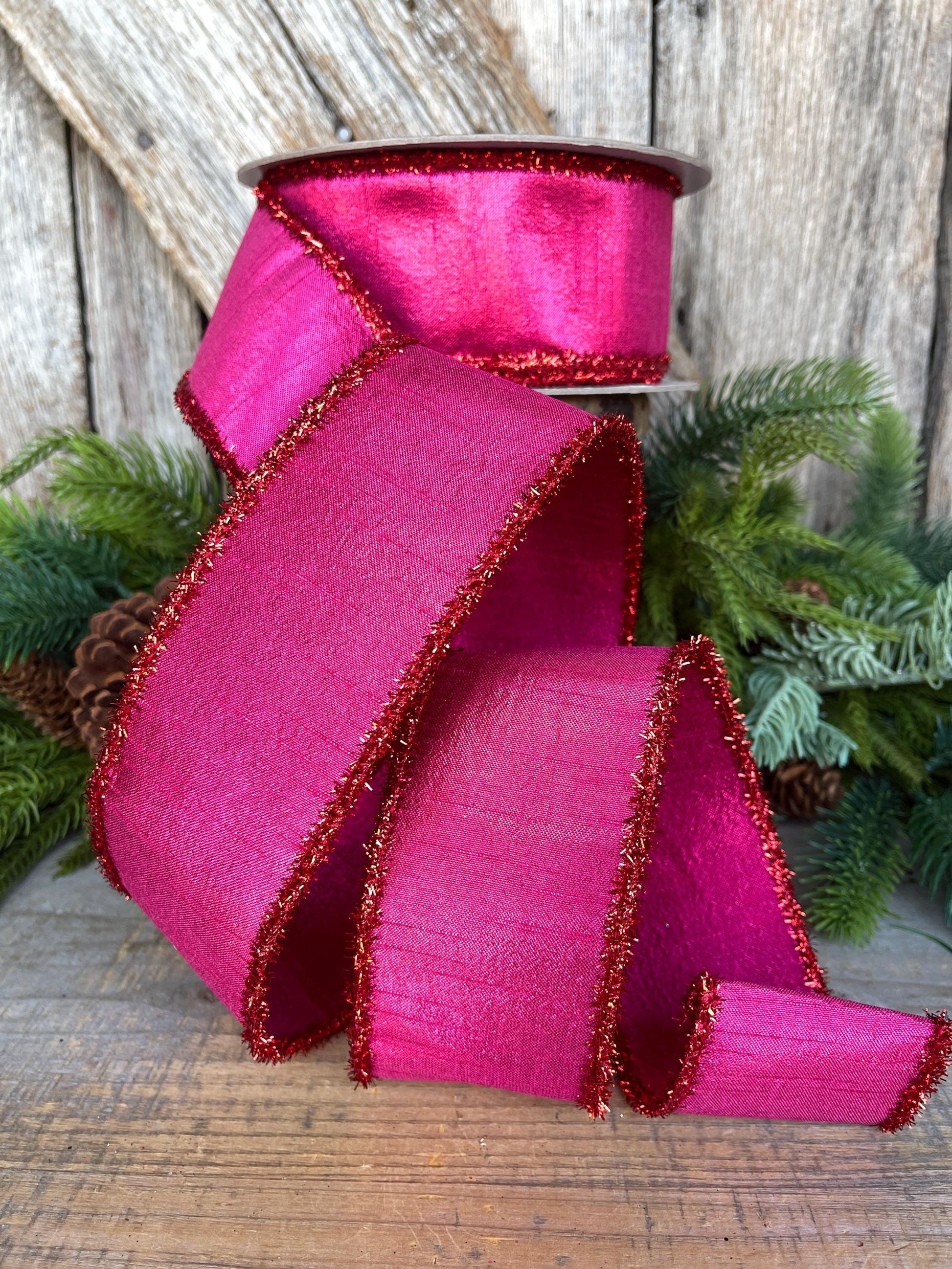 2.5" Hot Pink Ribbon, Hot Pink & Red Ribbon, Christmas Tree Ribbon, Farrisilk Ribbon, RK791-33