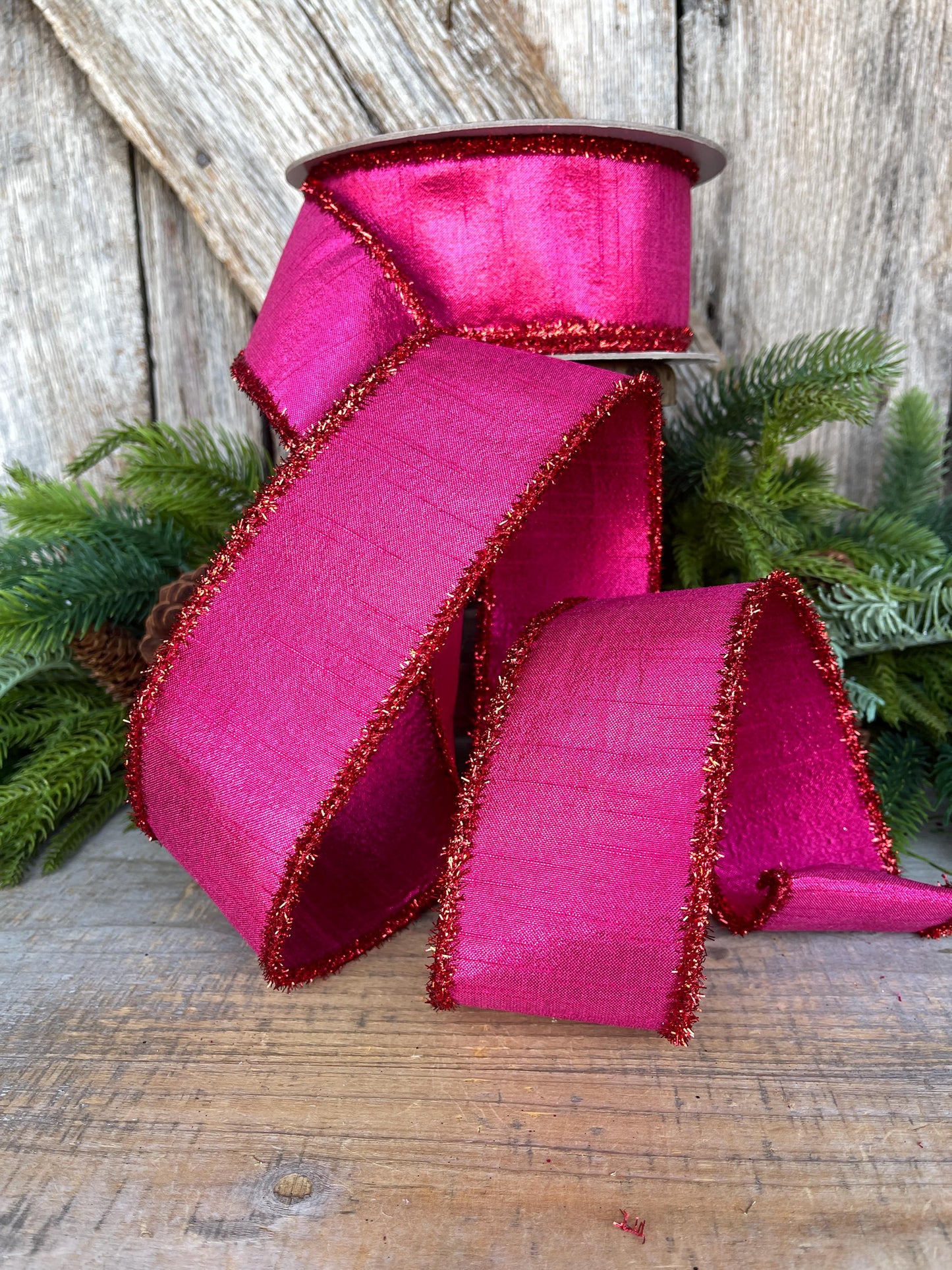 2.5" Hot Pink Ribbon, Hot Pink & Red Ribbon, Christmas Tree Ribbon, Farrisilk Ribbon, RK791-33