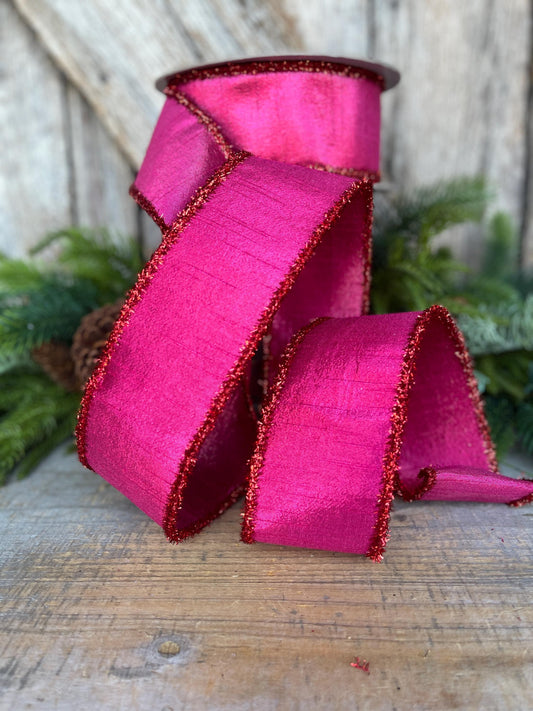 2.5" Hot Pink Ribbon, Hot Pink & Red Ribbon, Christmas Tree Ribbon, Farrisilk Ribbon, RK791-33